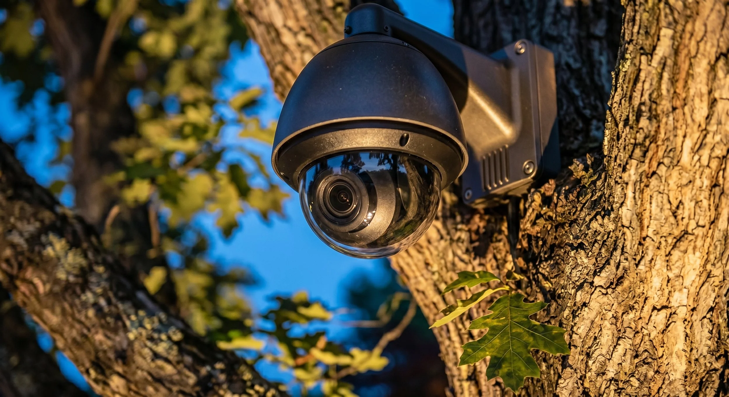 A security camera mounted on a tree trunk, with its lens visible, during sunset or twilight.