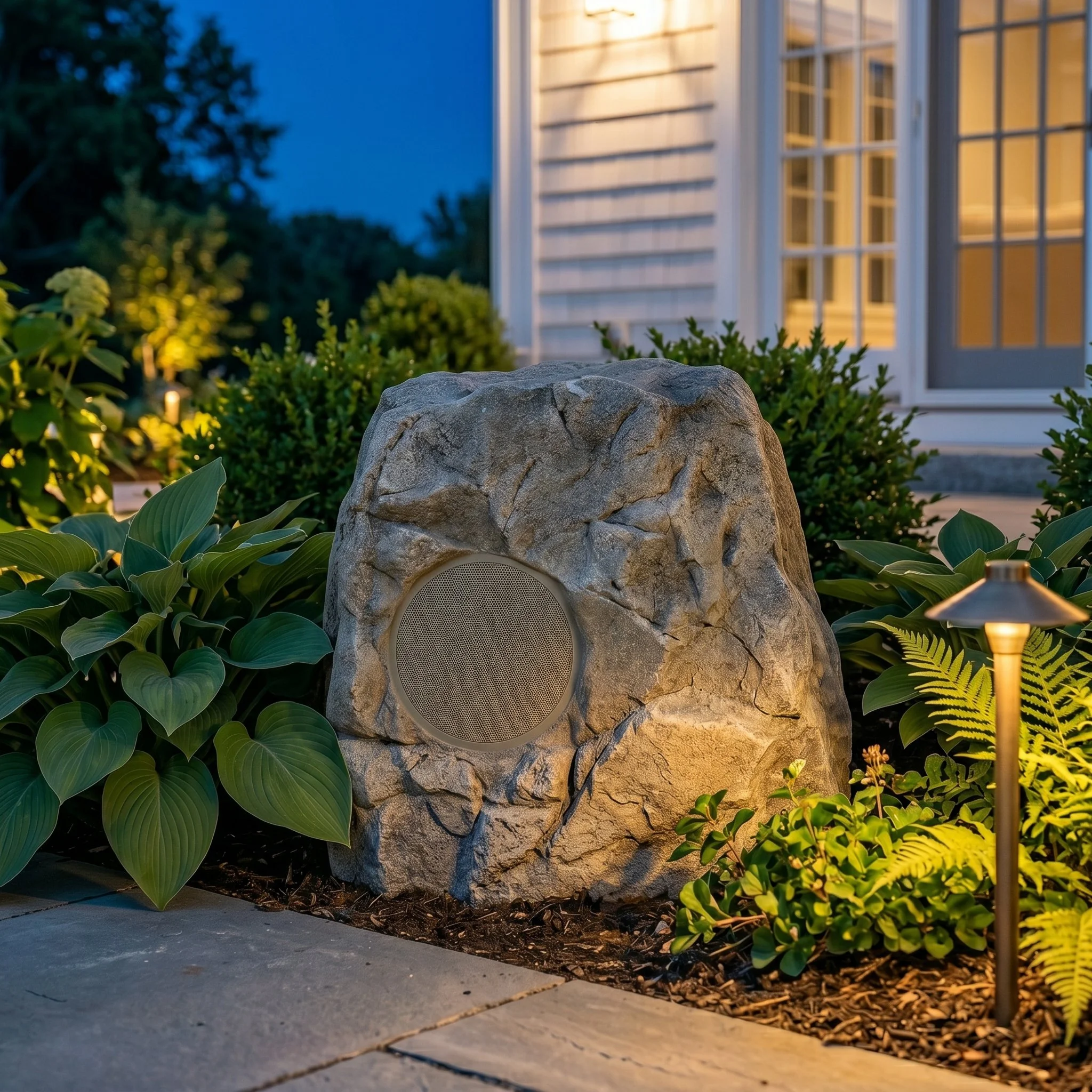 A large rock surrounds a decorative speaker in a garden with plants and bushes, illuminated by warm outdoor lighting, during early evening.
