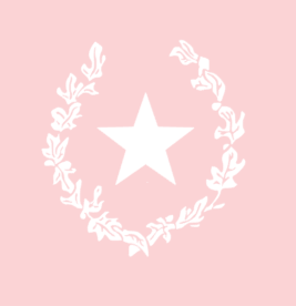 Pink background with a white star in the center surrounded by a white laurel wreath.