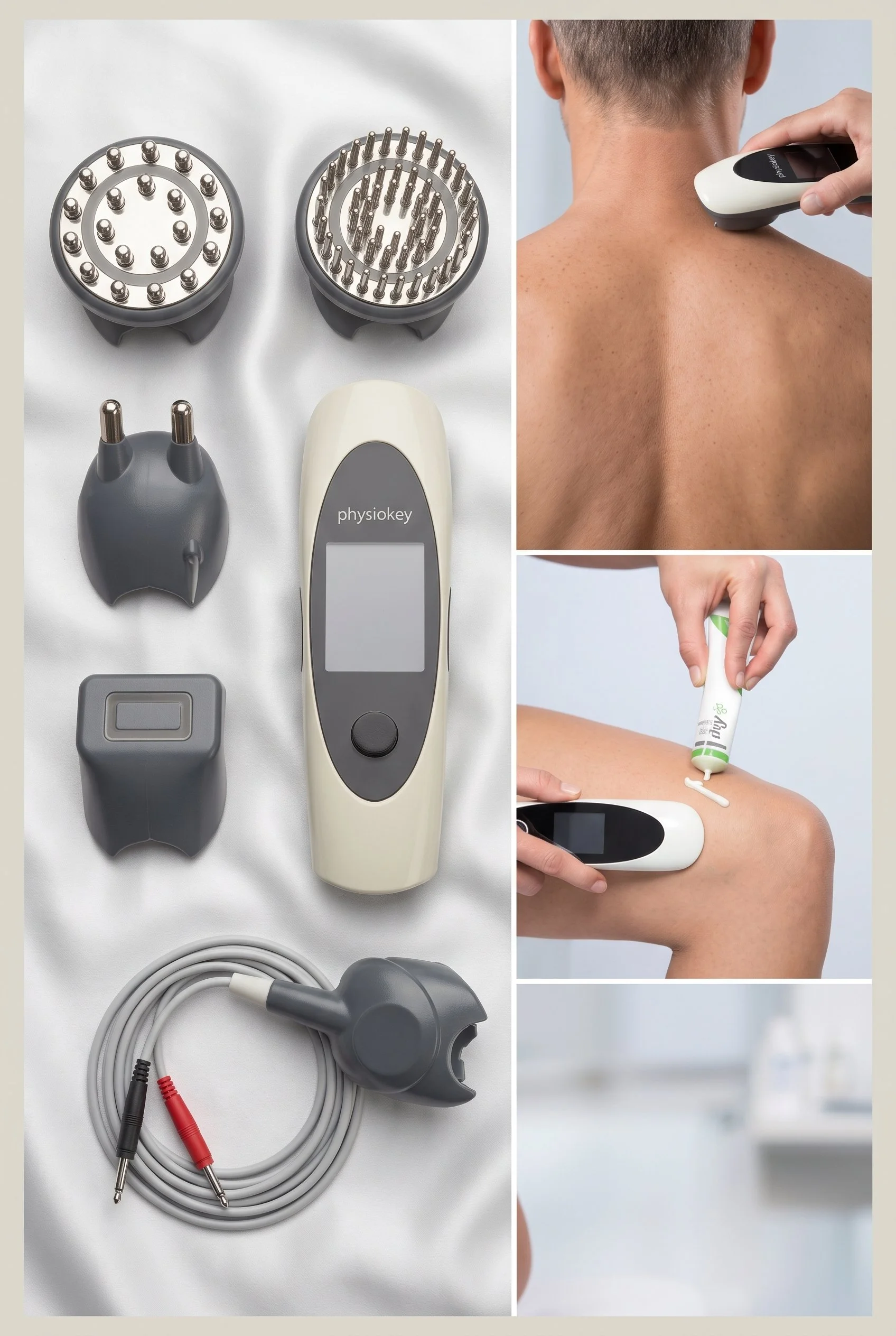 Medical devices and equipment for skin treatment, including a handheld device, two metal electrode plates, a power adapter, a connecting cable, and illustrations of skin therapy being applied on a person's back with the handheld device.