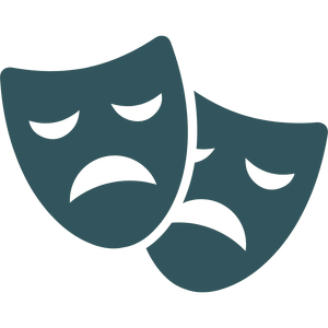 Two theater masks with sad expressions, one in front of the other, representing putting on a mask when struggling with identity, meaning, and enoughness