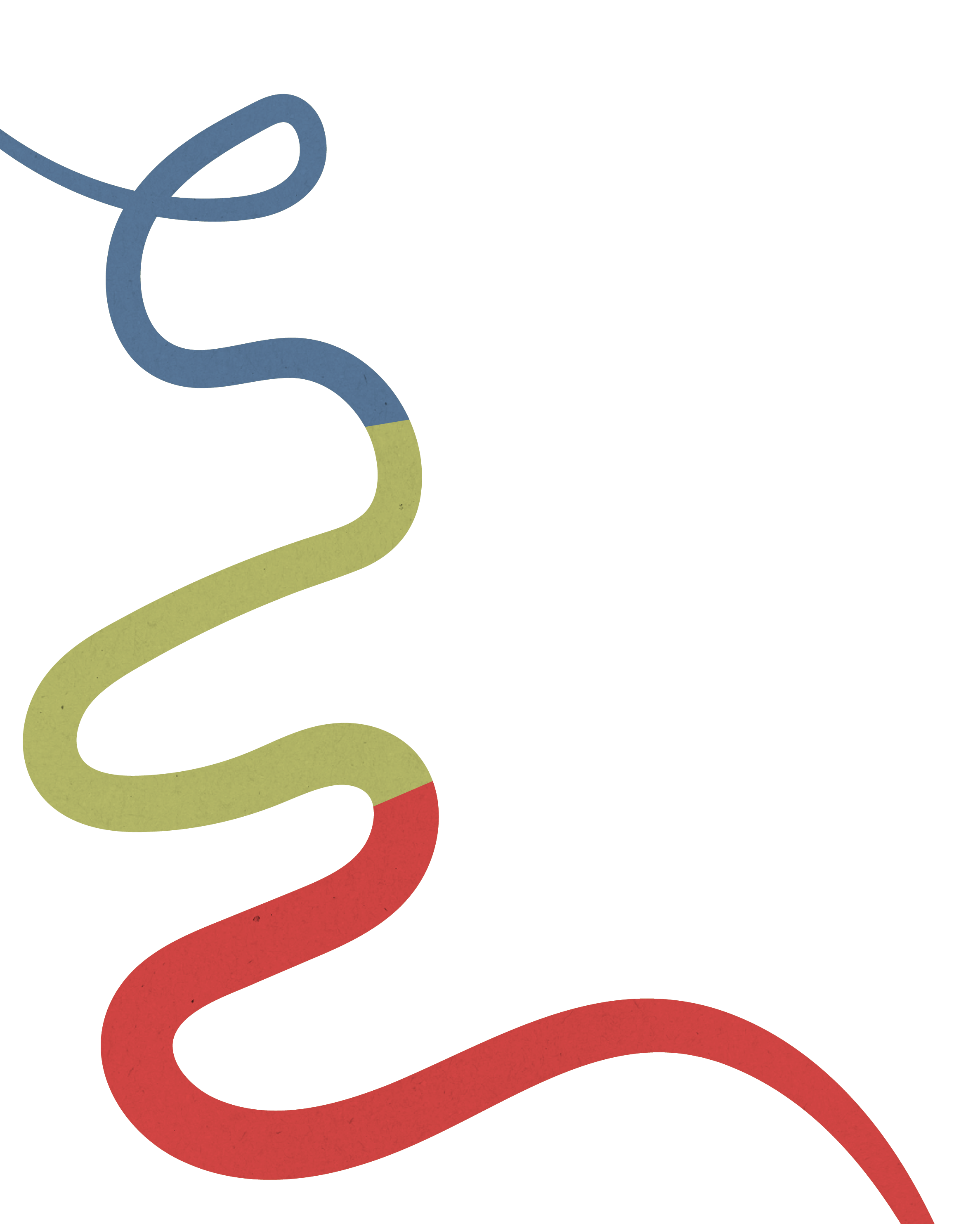 A stylized illustration of a winding road or path with sections in yellow, red, and beige, against a background of muted colors including gray and beige.