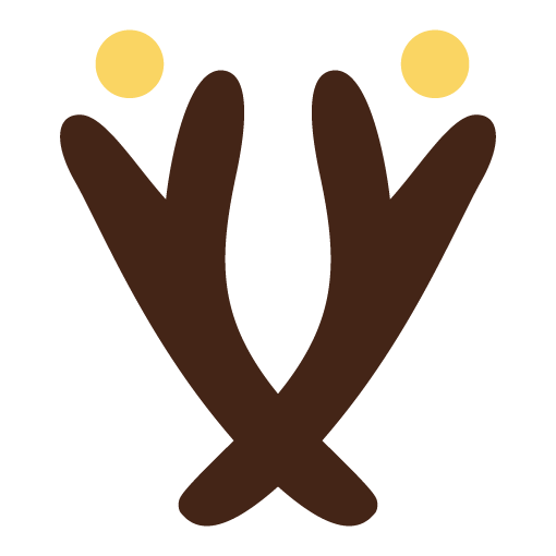 A minimalist illustration of reindeer antlers with two yellow circles resembling eyes.