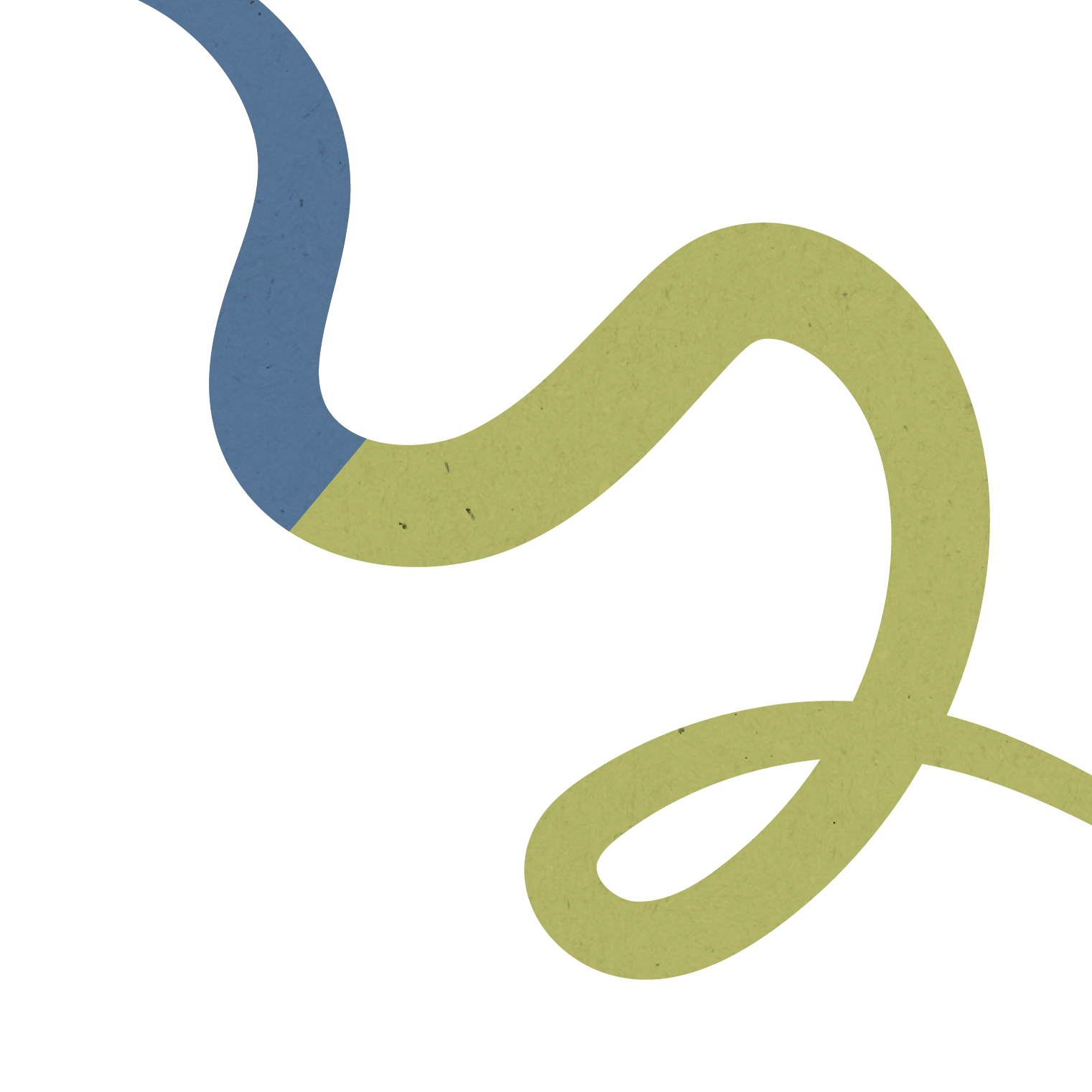 A stylized abstract design featuring intertwined blue and green ribbon-like shapes with a textured appearance.