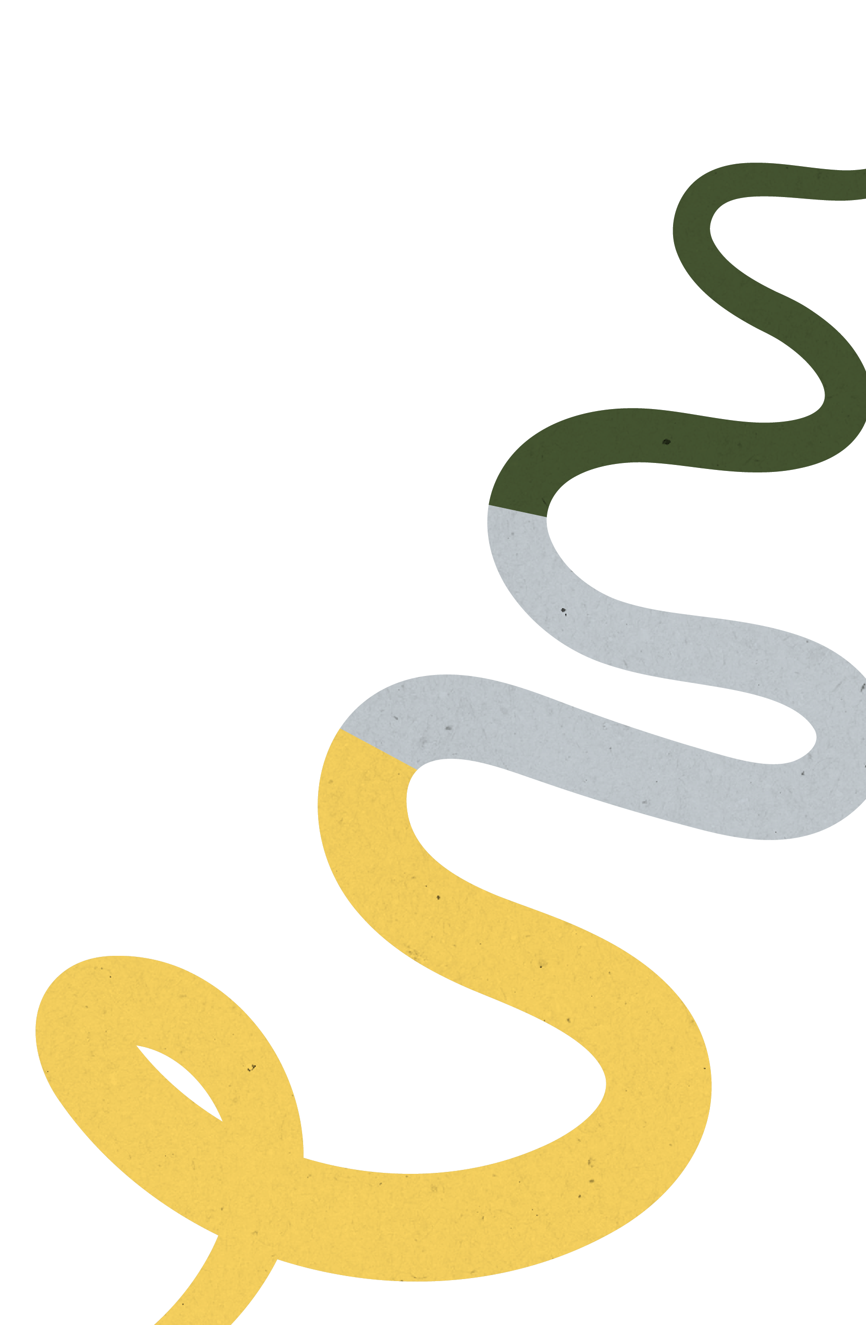 Colorful abstract illustration with winding, segmented ribbons in shades of green, gray, yellow, white, and blue.