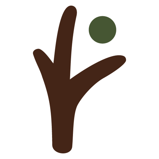 A stylized tree with a brown trunk and a single green circle representing a leaf or fruit.