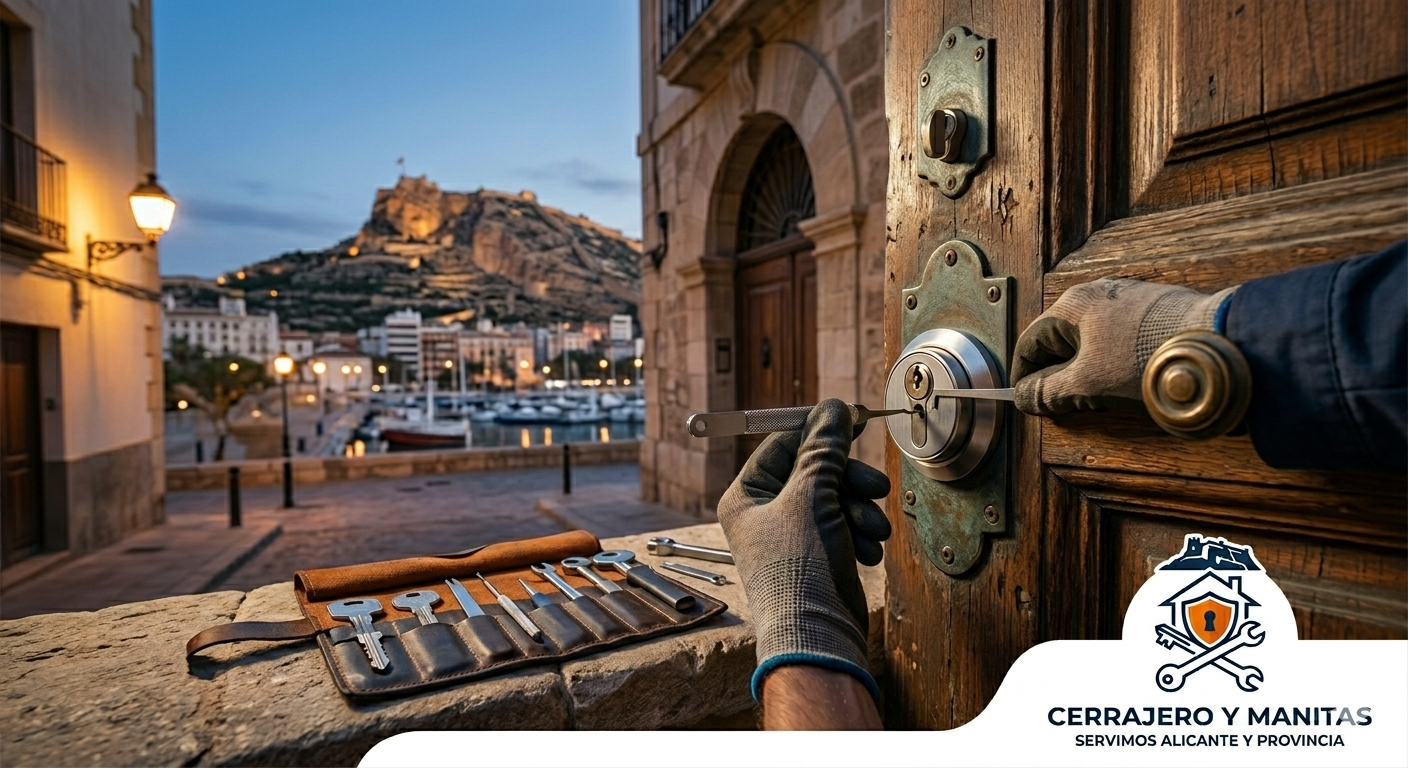 Una persona abre una cerradura con herramientas, en lo que parece ser un trabajo de cerrajería en una puerta de madera, en un entorno urbano con un puerto y una colina con un castillo al fondo.
