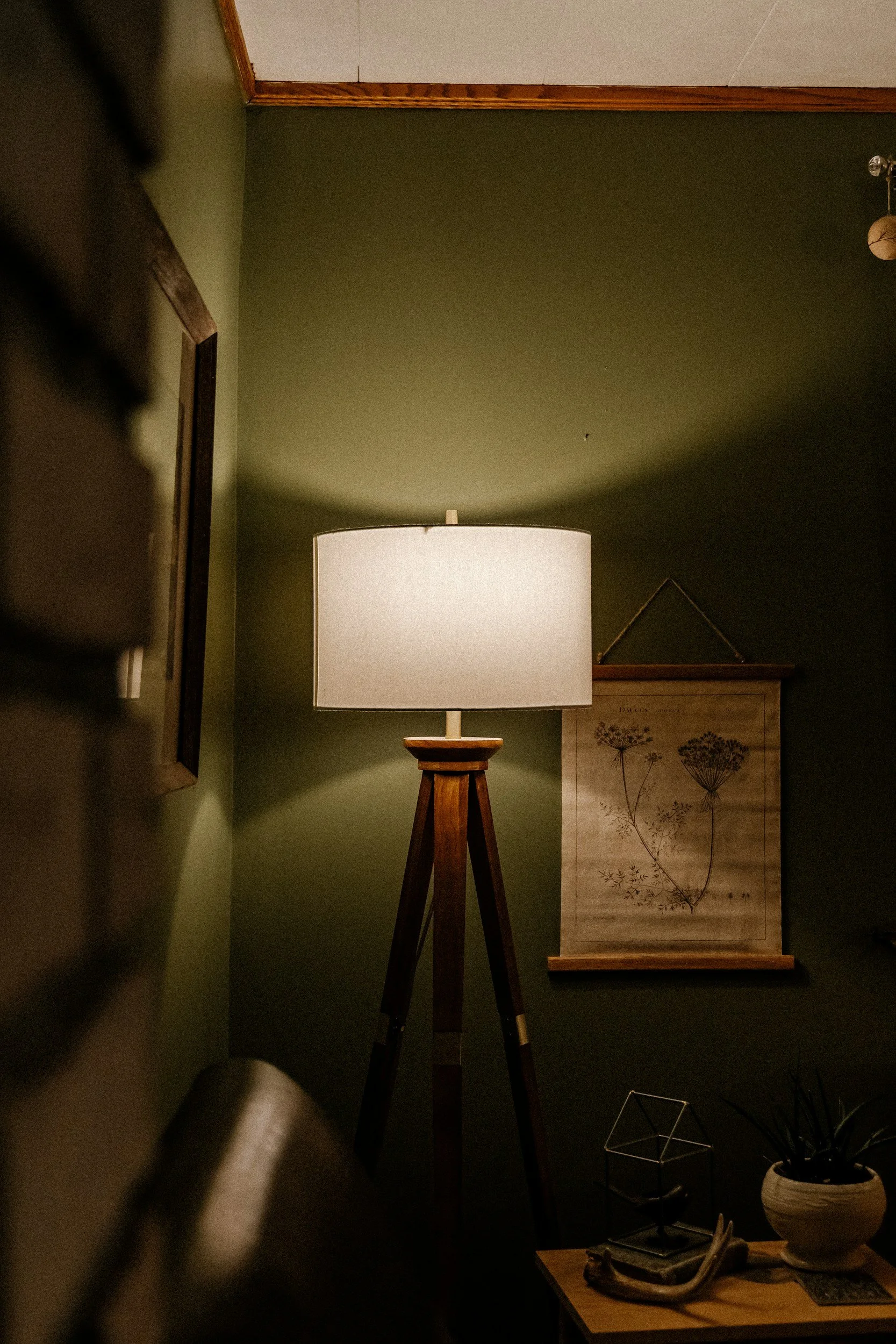 A dimly lit corner of a room featuring a wooden tripod floor lamp with a white lampshade, a framed botanical print on a dark green wall, and a wooden table with decorative items including a geometric metal sculpture, a potted plant, and a horn-shaped object.