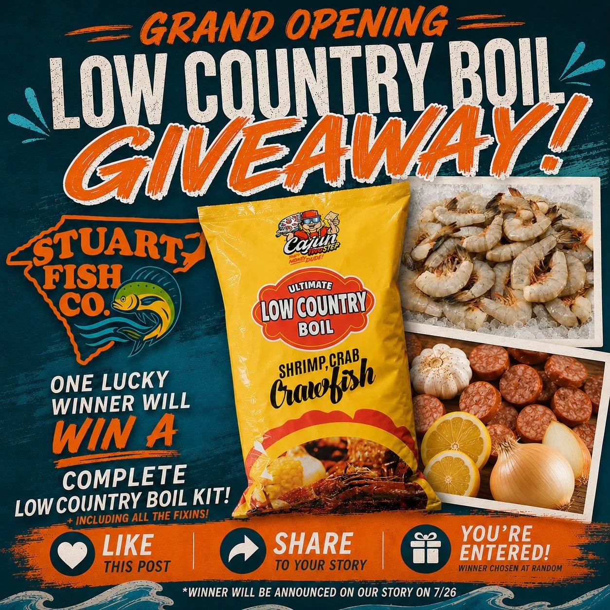 Calling all the Ella Fellas! While you&rsquo;re here, check out our GRAND OPENING GIVEAWAY! We are gifting one lucky winner a COMPLETE LOW COUNTRY BOIL KIT including:

10lbs shrimp
Cajun andouille sausage
Vidalia onions
Lemons
Garlic
and of course&he