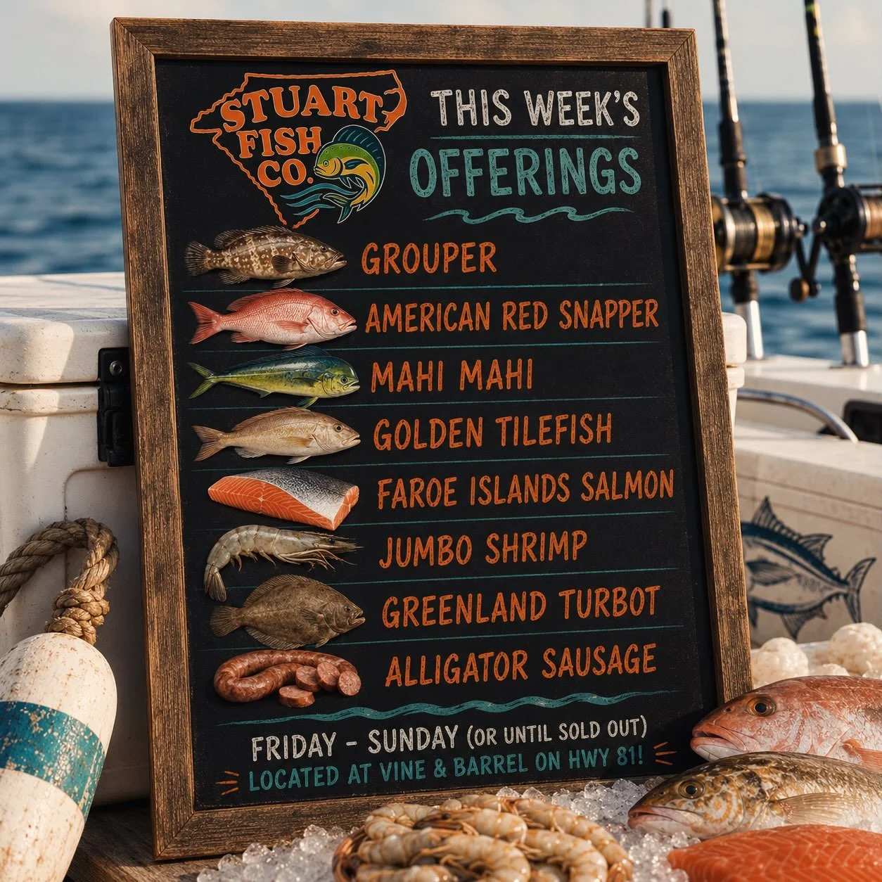 THIS WEEK&rsquo;S CATCH! Come see us this weekend for the best seafood in town! Now offering 10% off at @vineandbarrelsc 🍷with any purchase from us! Hours below:
Friday 10-5
Saturday 9-4
Sunday 1-4 (unless sold out)