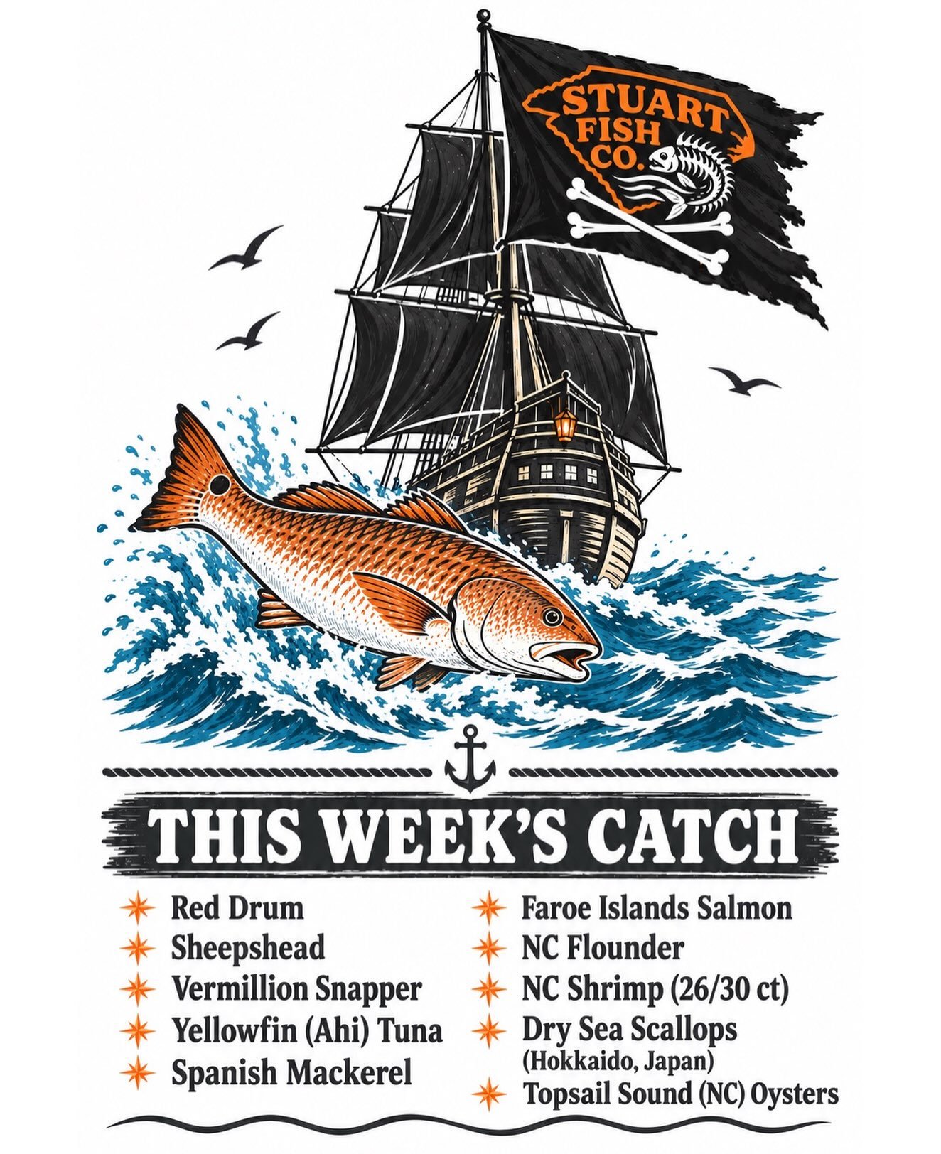 THIS WEEK&rsquo;S CATCH! We are back this week with an amazing assortment of fresh fish. Come see us at @vineandbarrelsc on Friday and Saturday:

Friday 10-5
Saturday 9-4 (or until sold out)

This week only, in the spirit of college football being ba