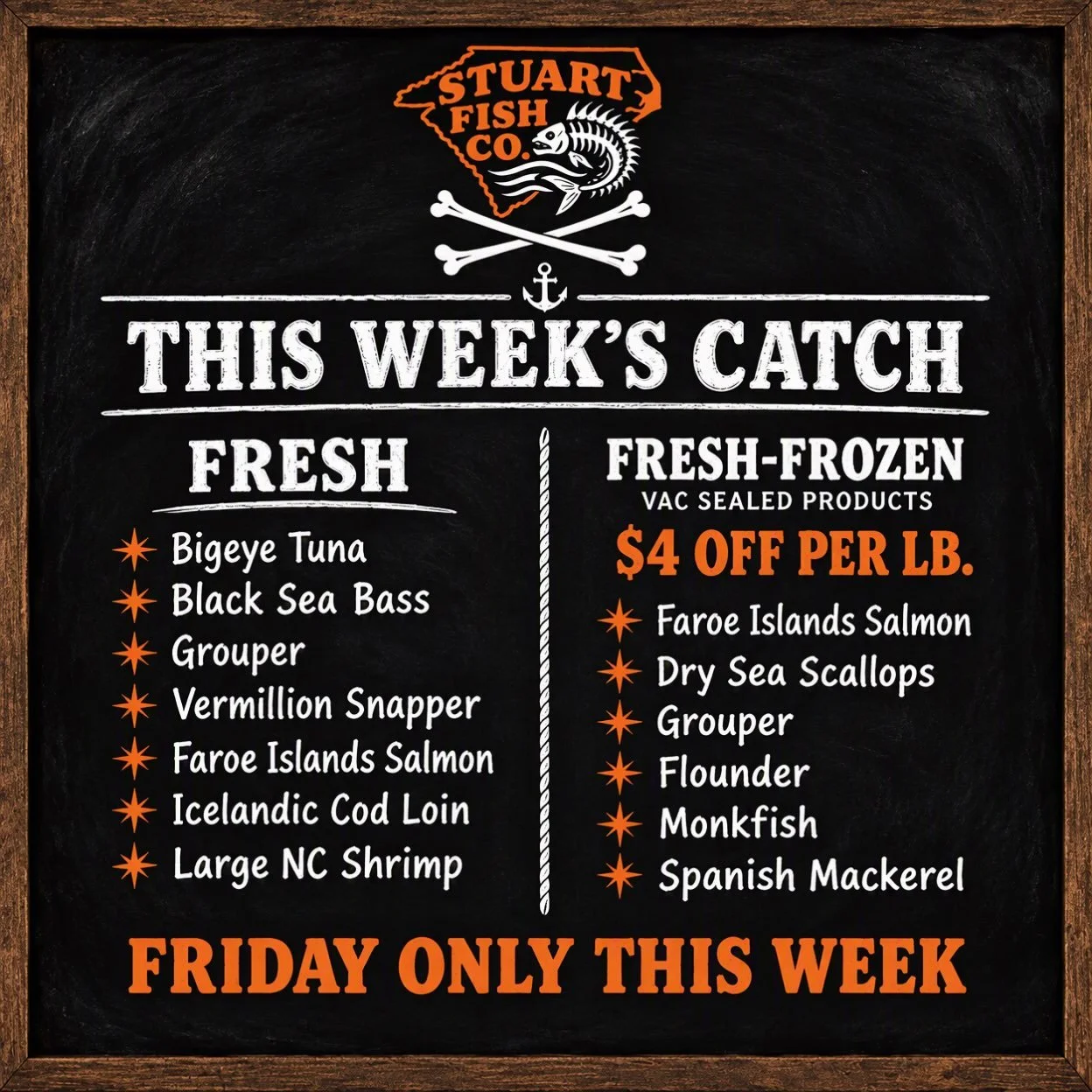 THIS WEEK&rsquo;S CATCH! Come see us on Friday! By popular demand, we are running back the frozen sale again this week! 

Friday only this week: 10-5

Parked outside Vine &amp; Barrel:
3737 N Hwy 81