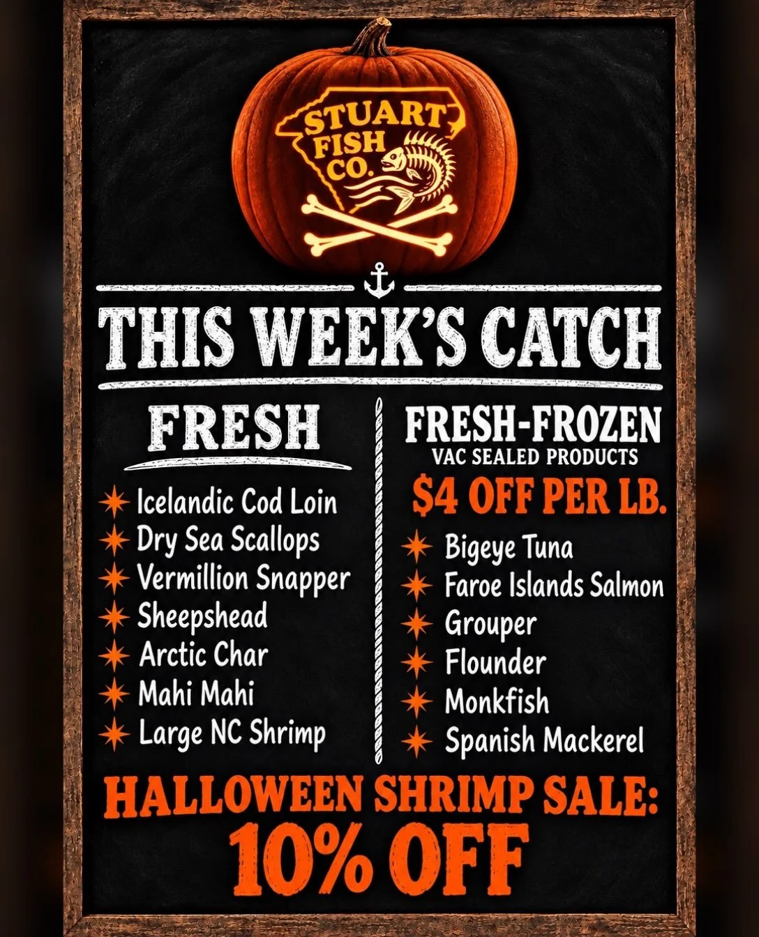 THIS WEEK&rsquo;S CATCH! Hours this week:

Friday 10-5
Saturday 9-4 (or until sold out)

3737 N Hwy 81. Anderson, SC 29621

Happy Halloween!