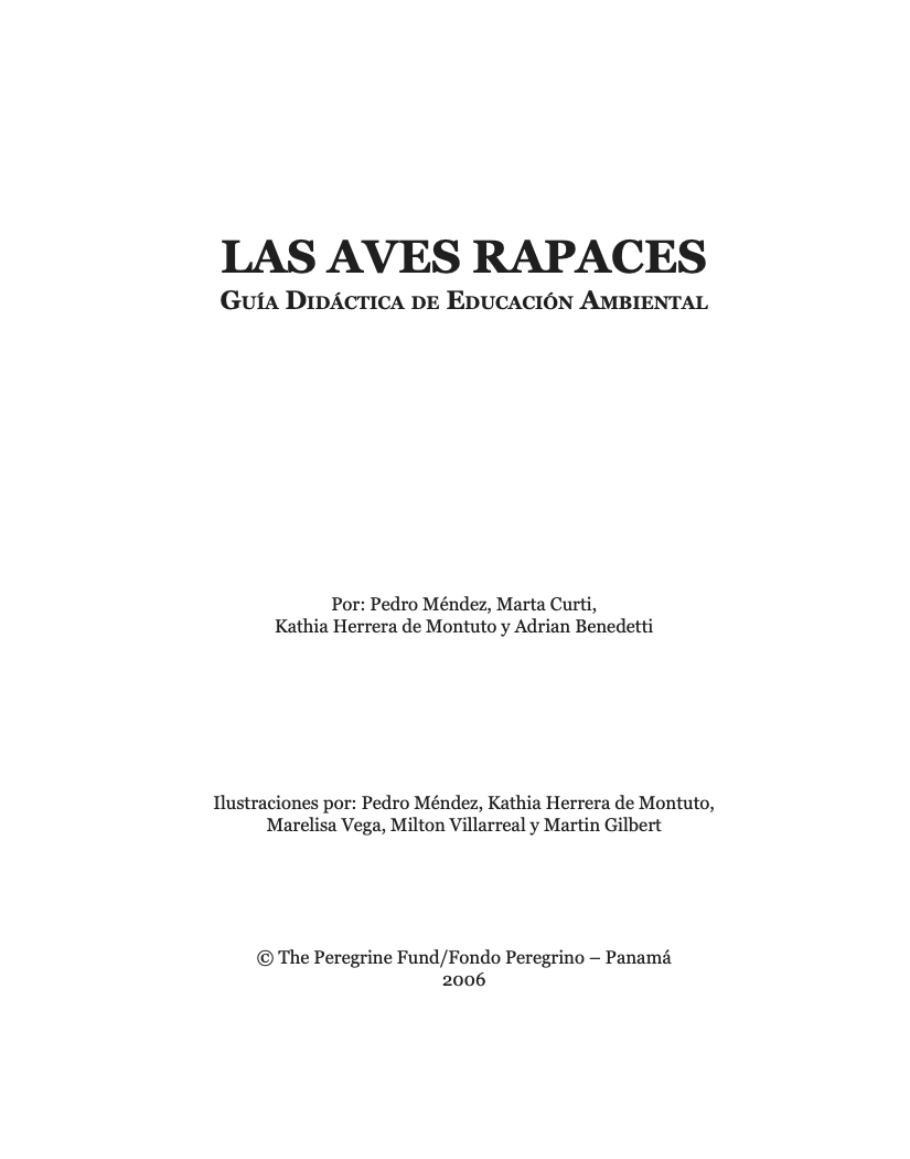 Title page of a book or guide in Spanish titled "Las Aves Rapaces" (Birds of Prey), focused on environmental education, authored by Pedro Méndez and others, published by The Peregrine Fund in Panama, 2006.