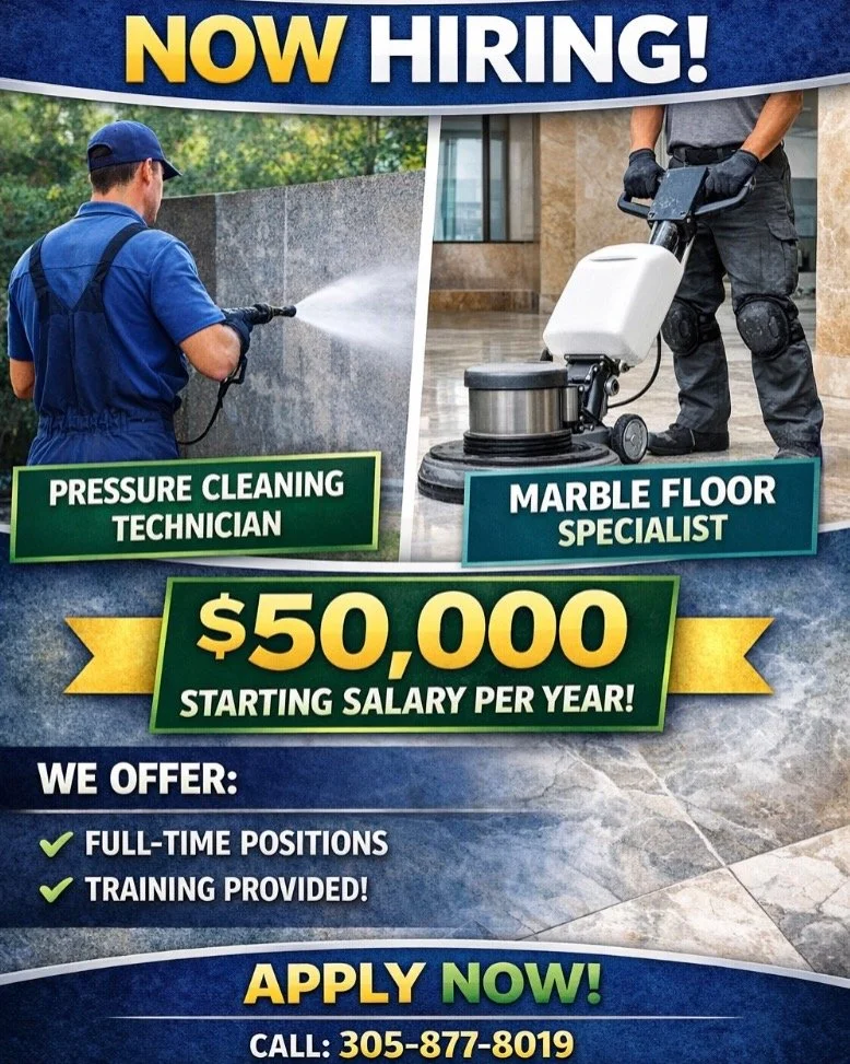 Any questions or concerns please feel free to reach out!

(305) 877 - 8019

info@tgtalentteam.com

#Hiring #JobOpening #JoinOurTeam
#Careers #ApplyToday #JobOpportunity
#HelpWanted #BlueCollarJobs #MarblePolishing #HardSurfaceCleaning #FloorPolishing