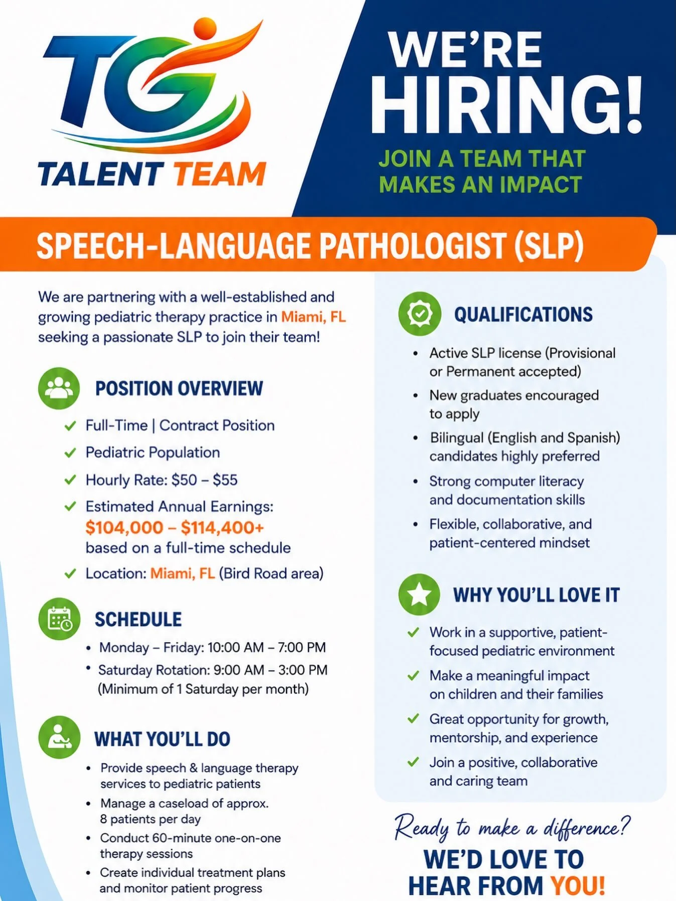 WE&rsquo;RE HIRING: Speech-Language Pathologist (SLP)

TG Talent Team is partnering with a growing pediatric therapy practice in Miami, FL, to find a passionate Speech-Language Pathologist to join their practice.

- Full-Time
- $50&ndash;$55/hour ($1