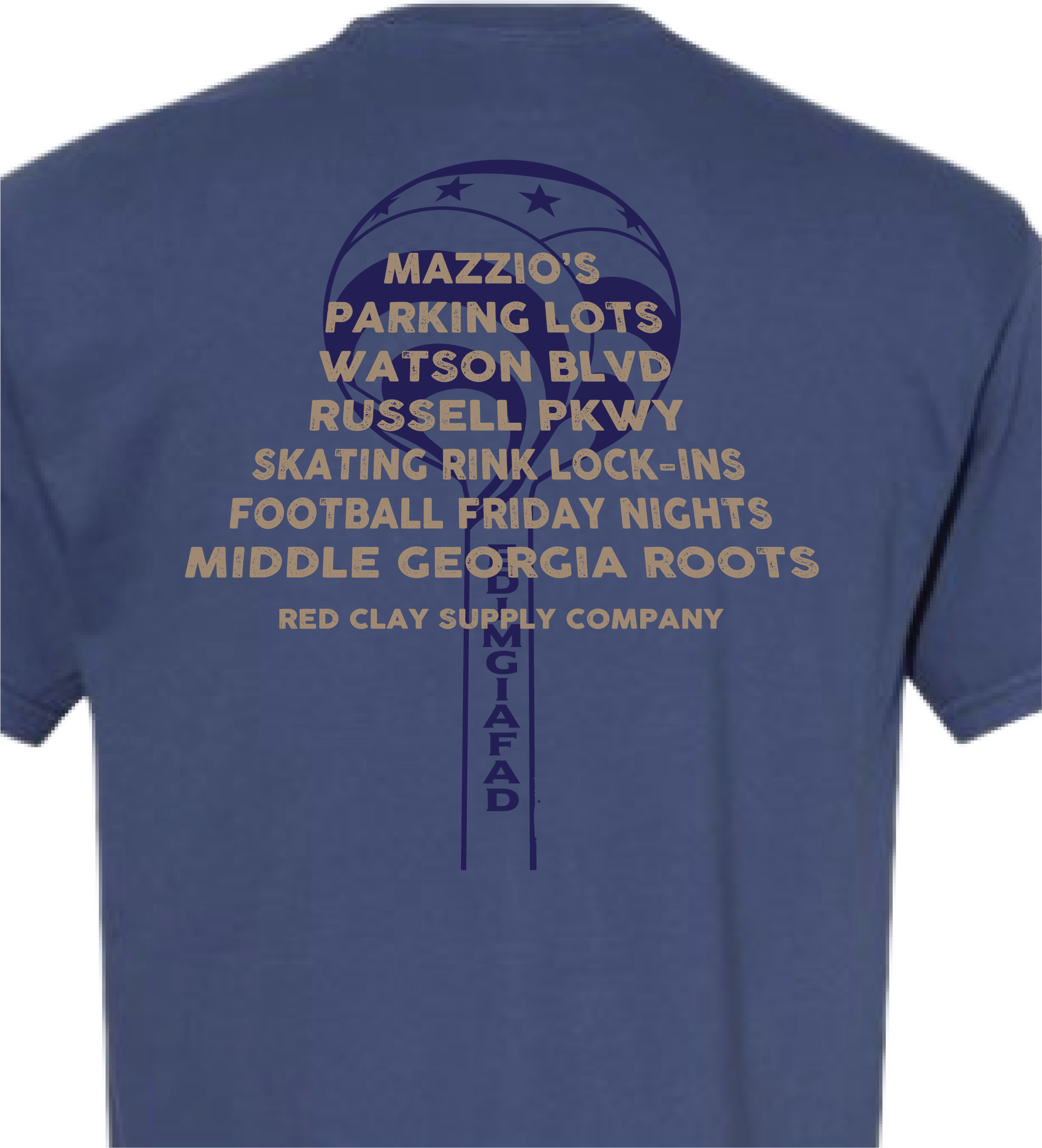 A navy blue T-shirt with yellow text listing various local attractions and neighborhoods in Georgia, such as Mazzio's Parking Lots, Watson Blvd, Russell Pkwy, Skating Rink, Football Fridays, and Middle Georgia Roots.