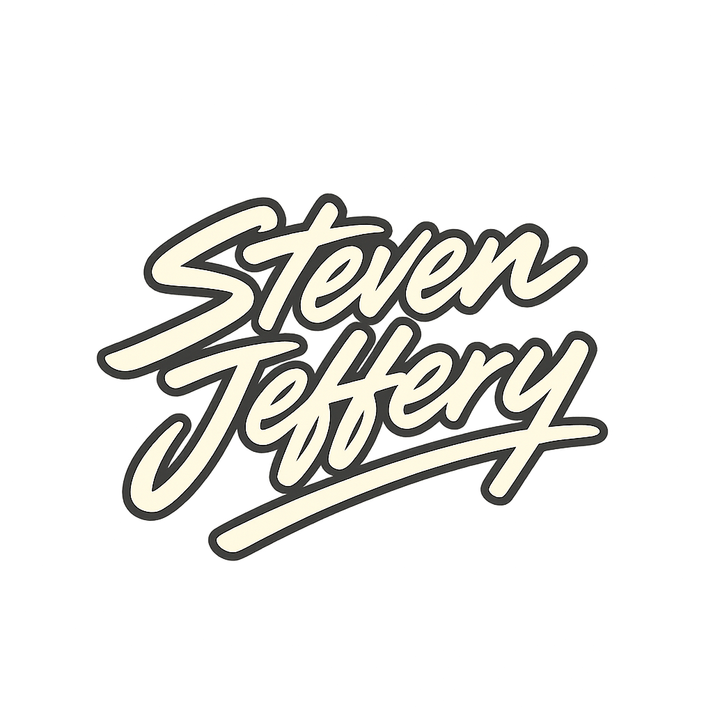 Steven Joffrey written in stylized cursive font with a dark background and purple and blue vertical light streaks above.