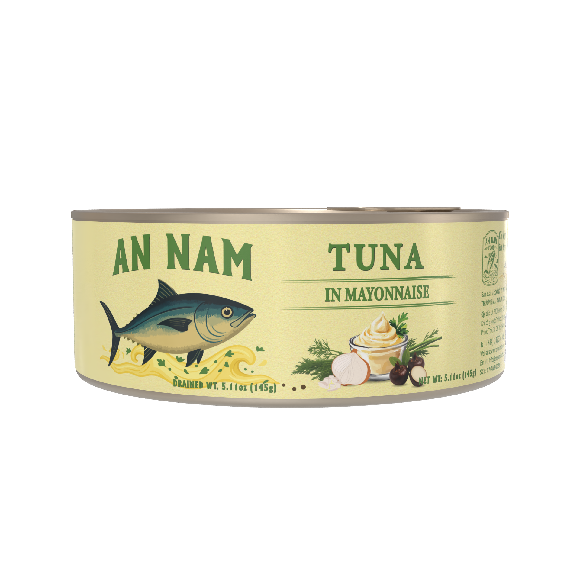 An Nam Tuna in Mayonnaise. Canned tuna with a label depicting a blue tuna fish illustration, green text and images of garlic, herbs, and spices.