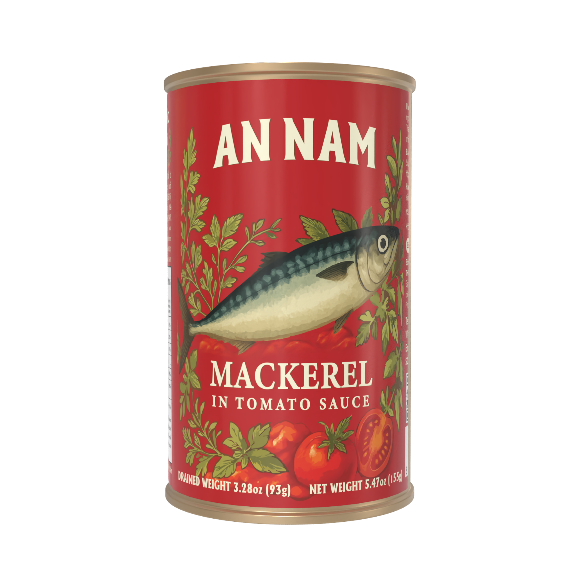 An Nam Mackerel in Tomato Sauce - canned mackerel in tomato sauce with a red label featuring an illustration of a fish and tomatoes