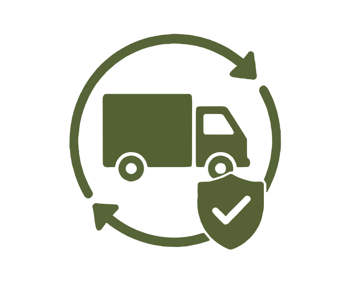 Green icon of a delivery truck surrounded by circular arrows, with a shield containing a checkmark in front of it, representing secure or reliable supply.