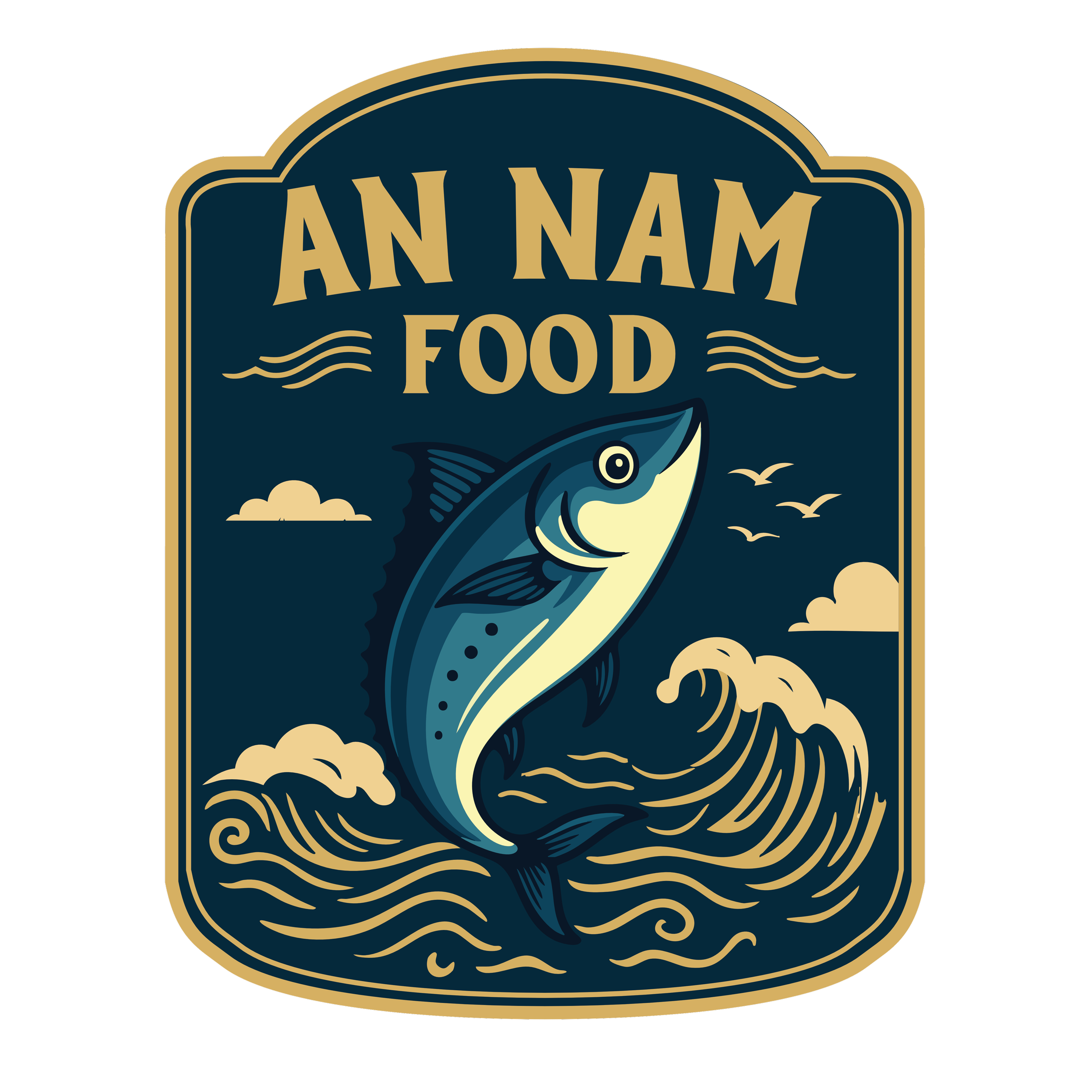 A logo for An Nam Food featuring a stylized fish and waves in navy blue and beige colors.