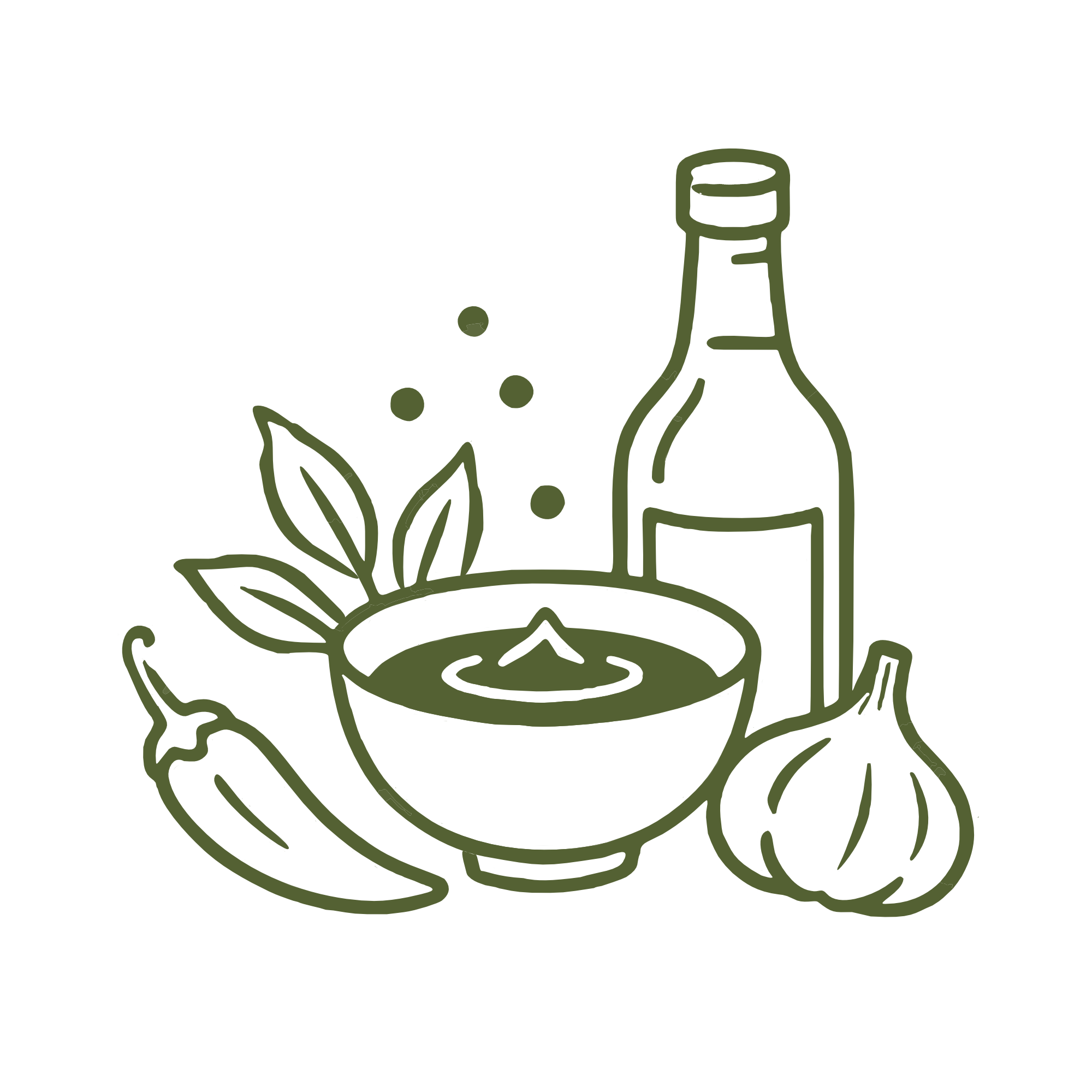 Line art drawing of a bottle of soy sauce and a bowl, some leaves, and sauce or soup.