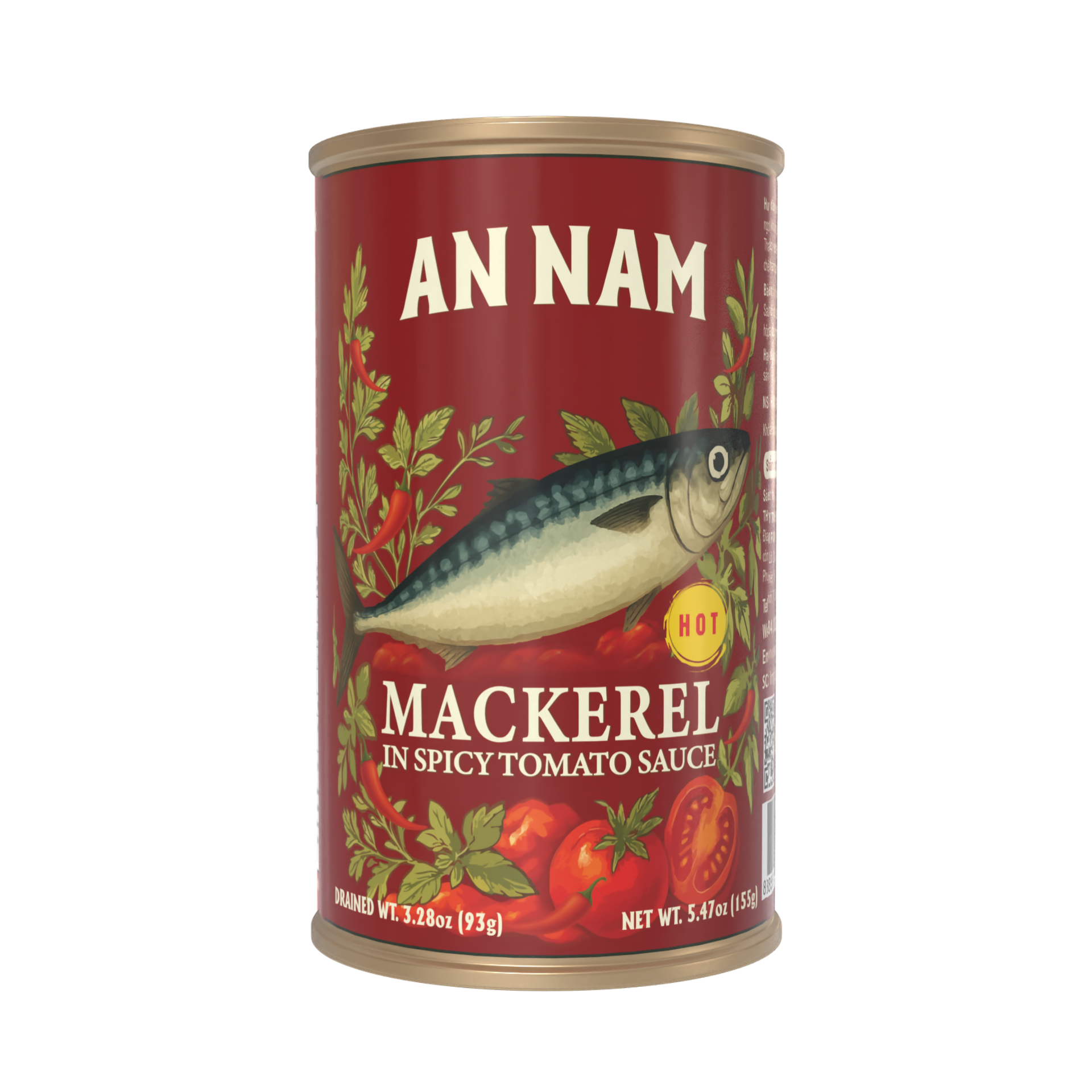 Can of An Nam Mackerel in Spicy tomato sauce with a fish illustration, red label with green herbs, and yellow product descriptor. Canned mackerel.