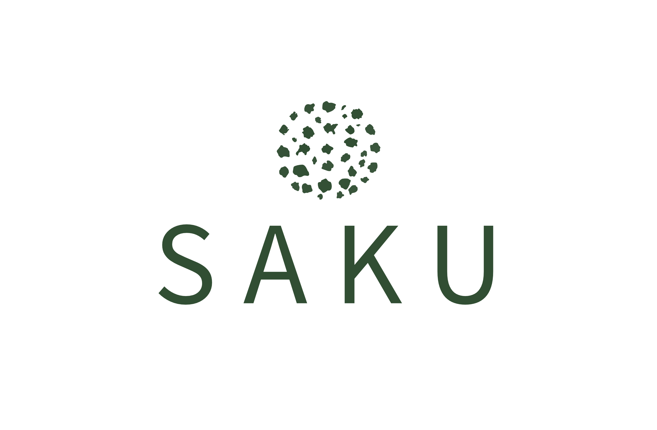 Logo for Saku, with a stylized cluster of small green shapes (meant to represent panko breadcrumbs) above the word 'SAKU' in green text.