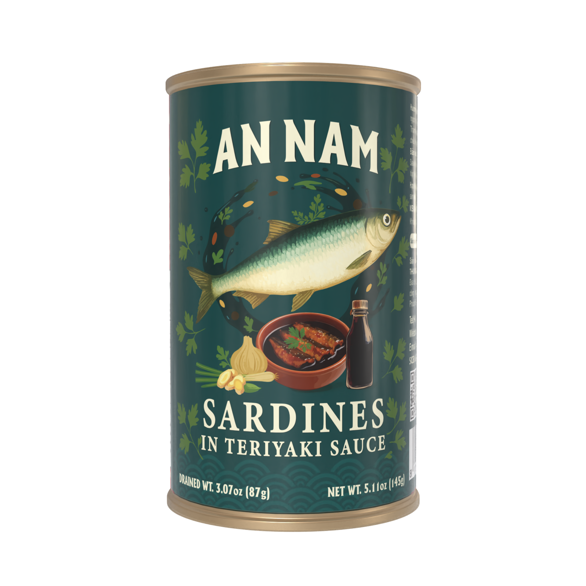 An Nam Sardines in Teriyaki Sauce. Labeled can of sardines in teriyaki sauce with illustration of fish, garlic, ginger, and bowl of cooked sardines on the label.