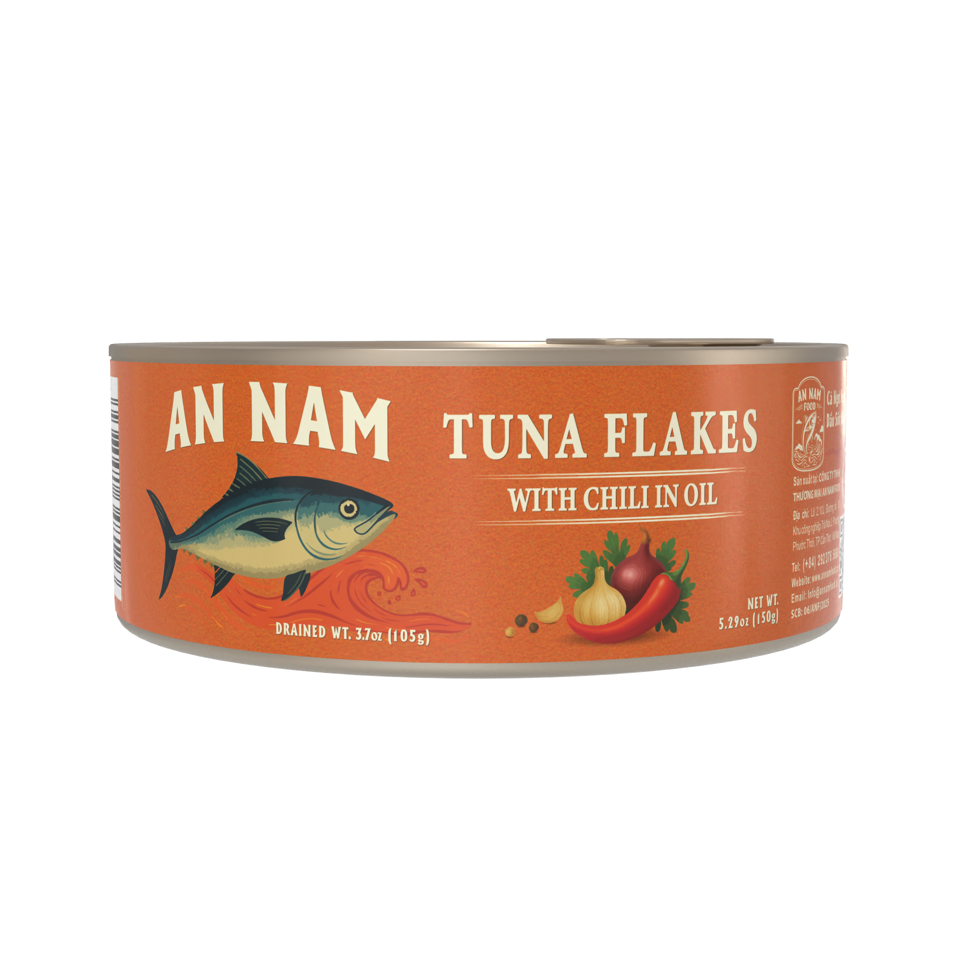 An Nam Tuna Flakes with Chili in Oil. Can of tuna flakes with chili in oil, featuring a fish illustration and various vegetables on the label.