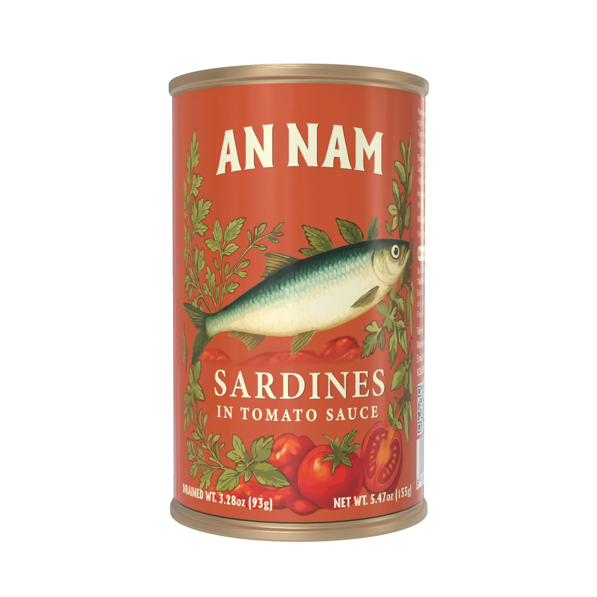 An Nam Sardines in Tomato Sauce. Canned sardines in tomato sauce with images of tomatoes and herbs on the label.