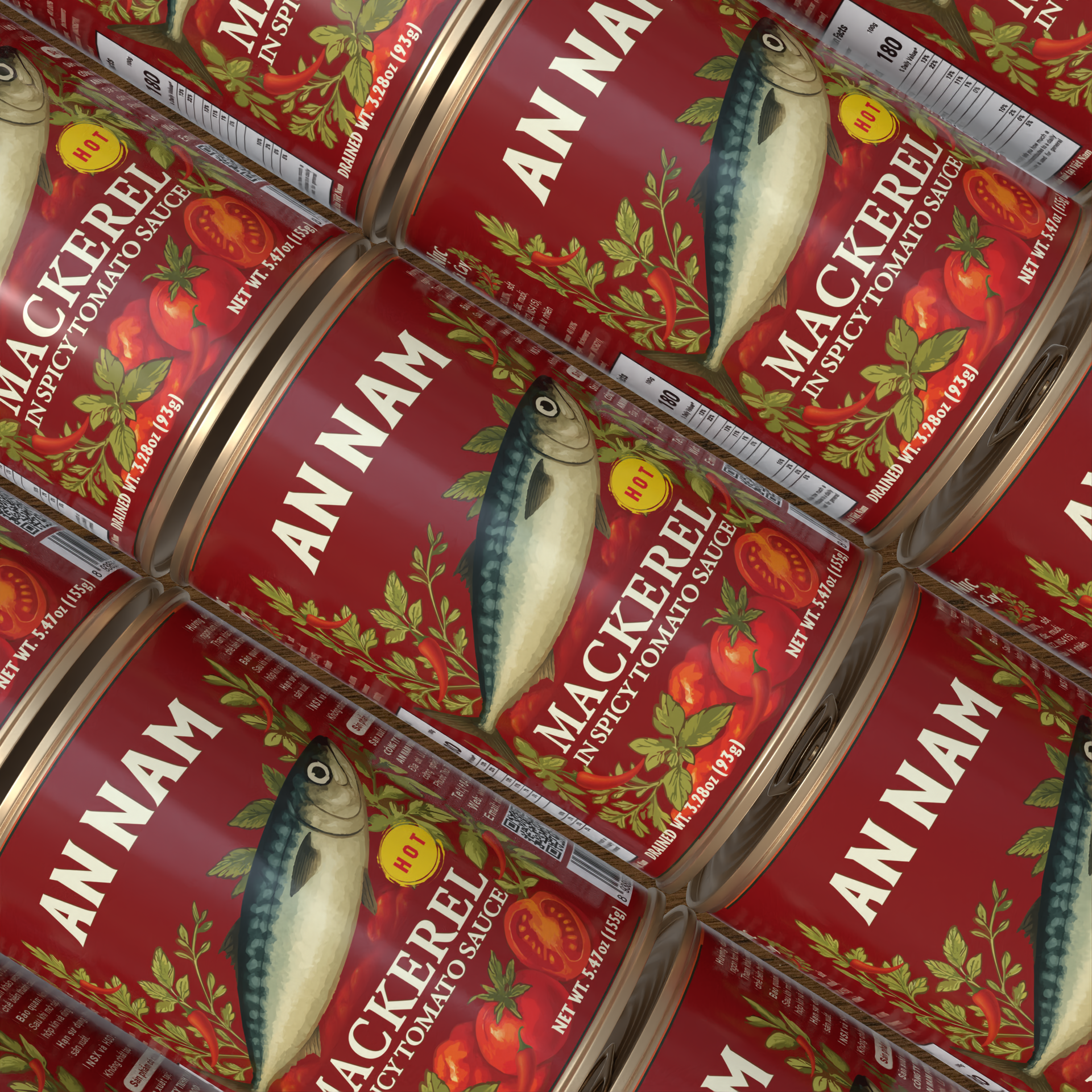 Stack of An Nam Mackerel in Spicy Tomato Sauce, canned mackerel.