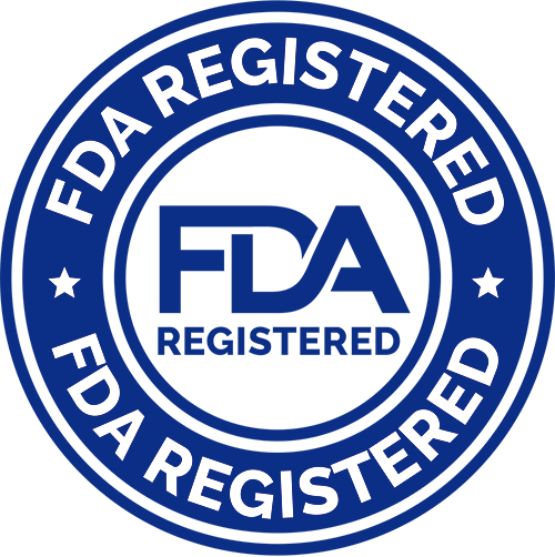 FDA registered seal with white text on a blue background, indicating FDA registration.