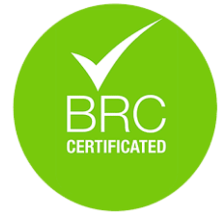 Green circular badge with a checkmark and the text 'BRC CERTIFIED'.