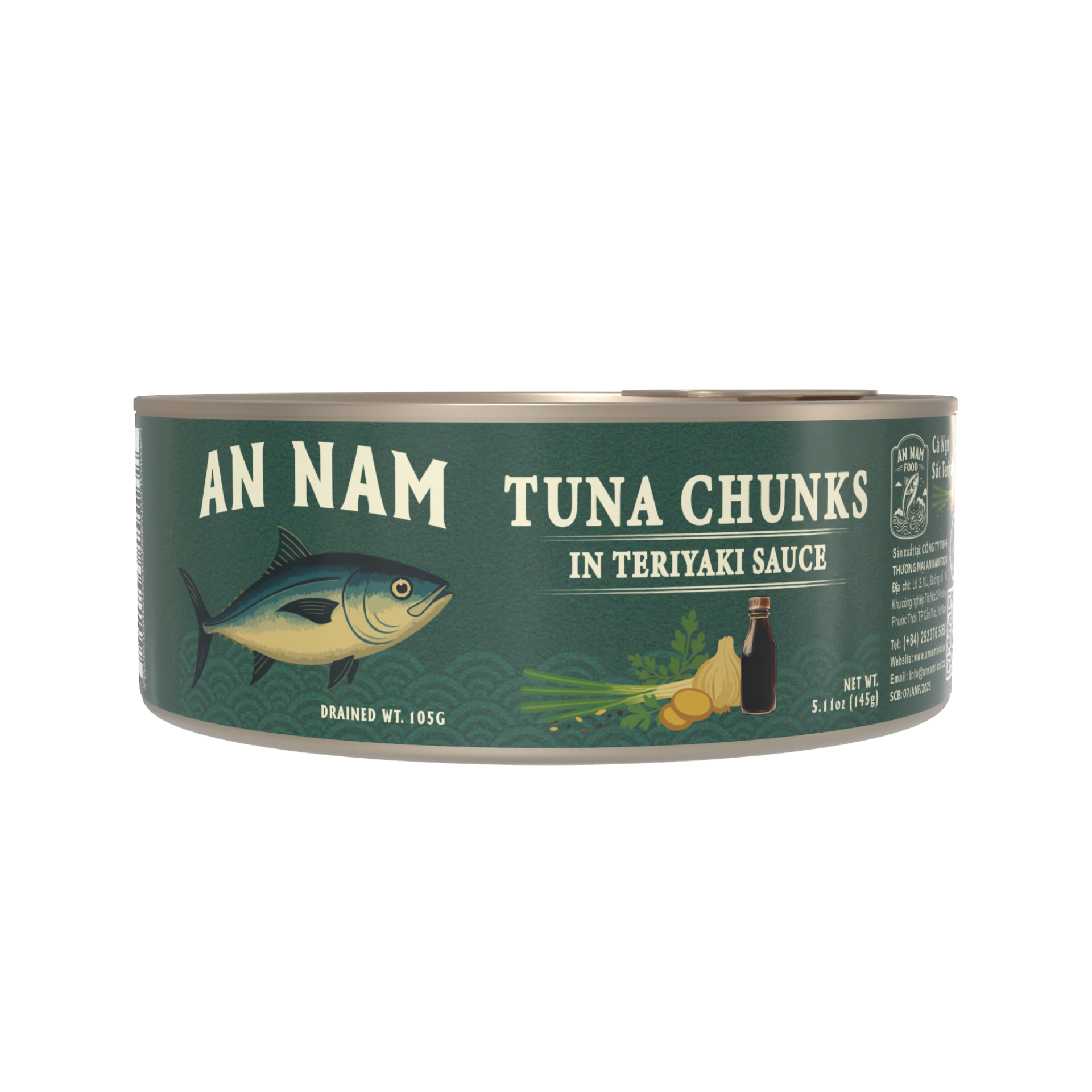 An Nam Tuna Chunks in Teriyaki Sauce. A can of tuna chunks in teriyaki sauce with a cartoon tuna fish illustration on the label.