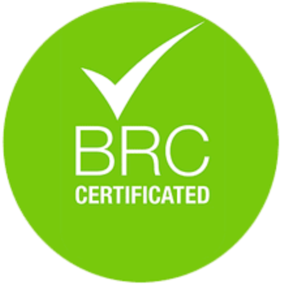 Green circular logo with a white checkmark and the words 'BRC CERTIFIED'.