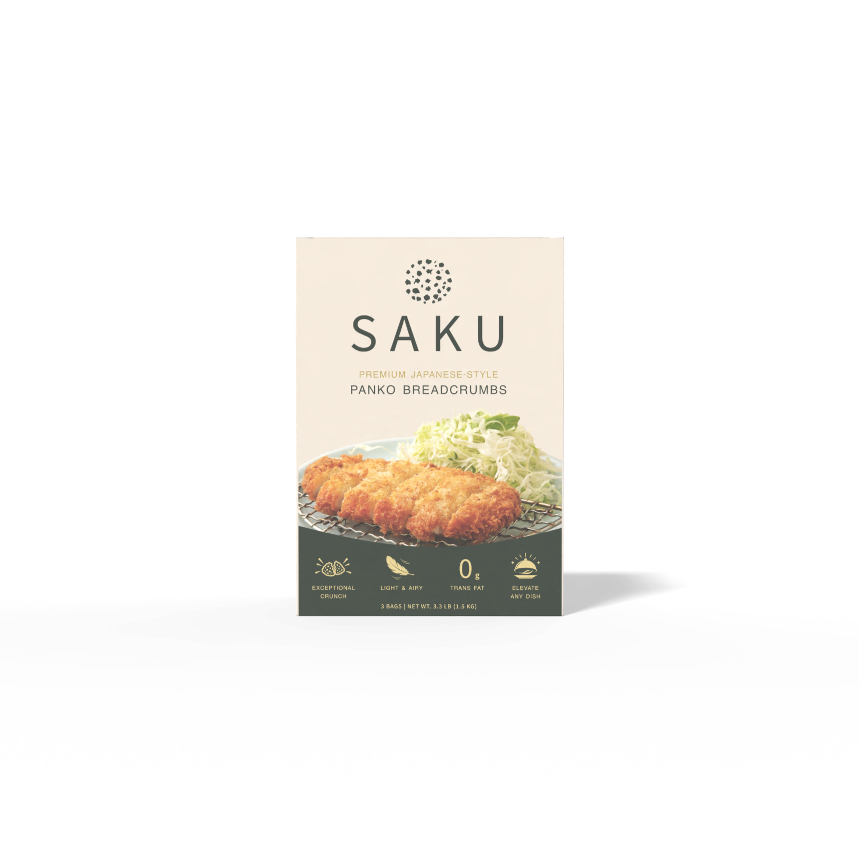 Packaging of Saku Japanese-style panko breadcrumbs showing a panko-crusted pork cutlet with cabbage in the background.