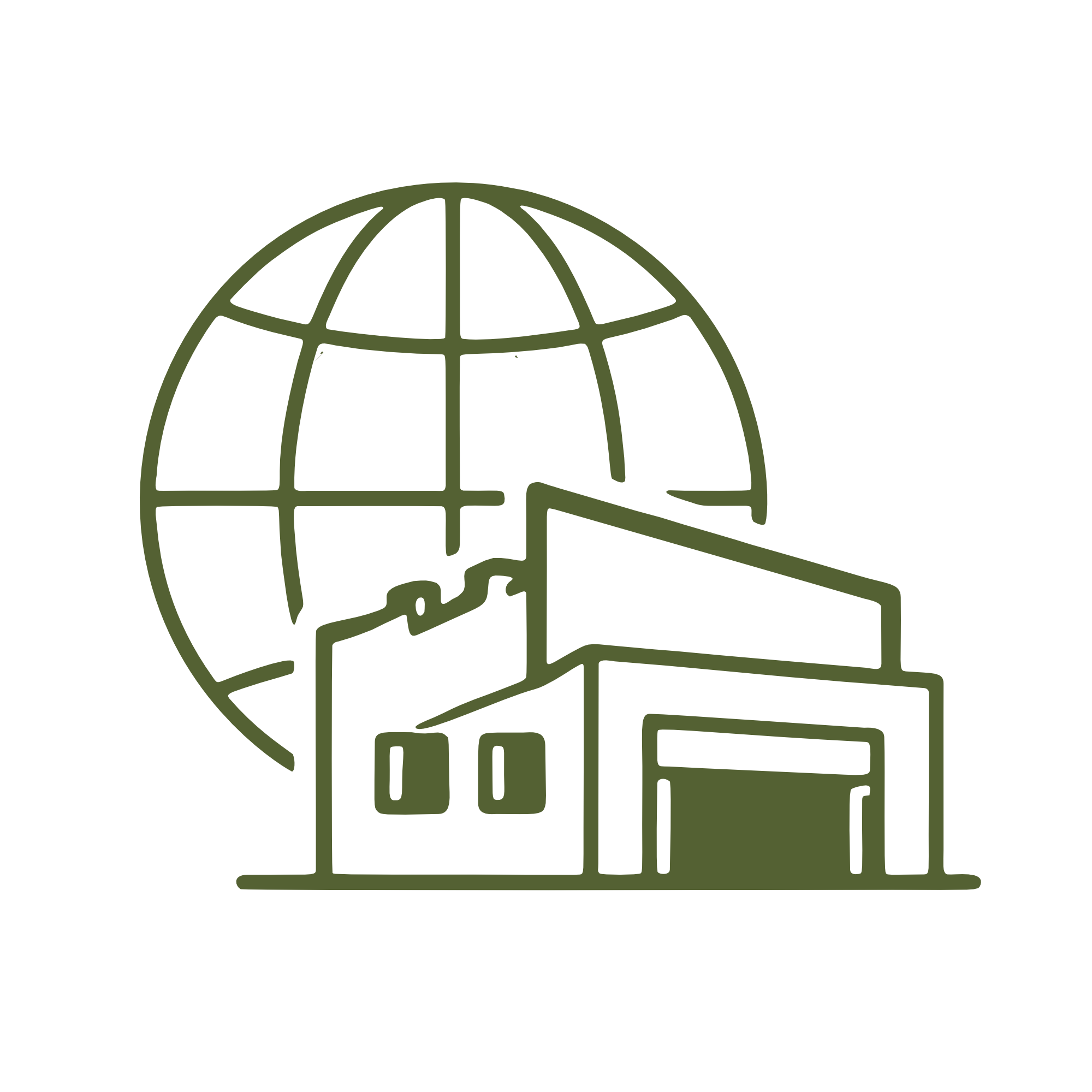 Outline of a globe with latitude and longitude lines, with a magnifying glass over part of it, and a factory underneath, signifying an export-focused manufacturing facility.