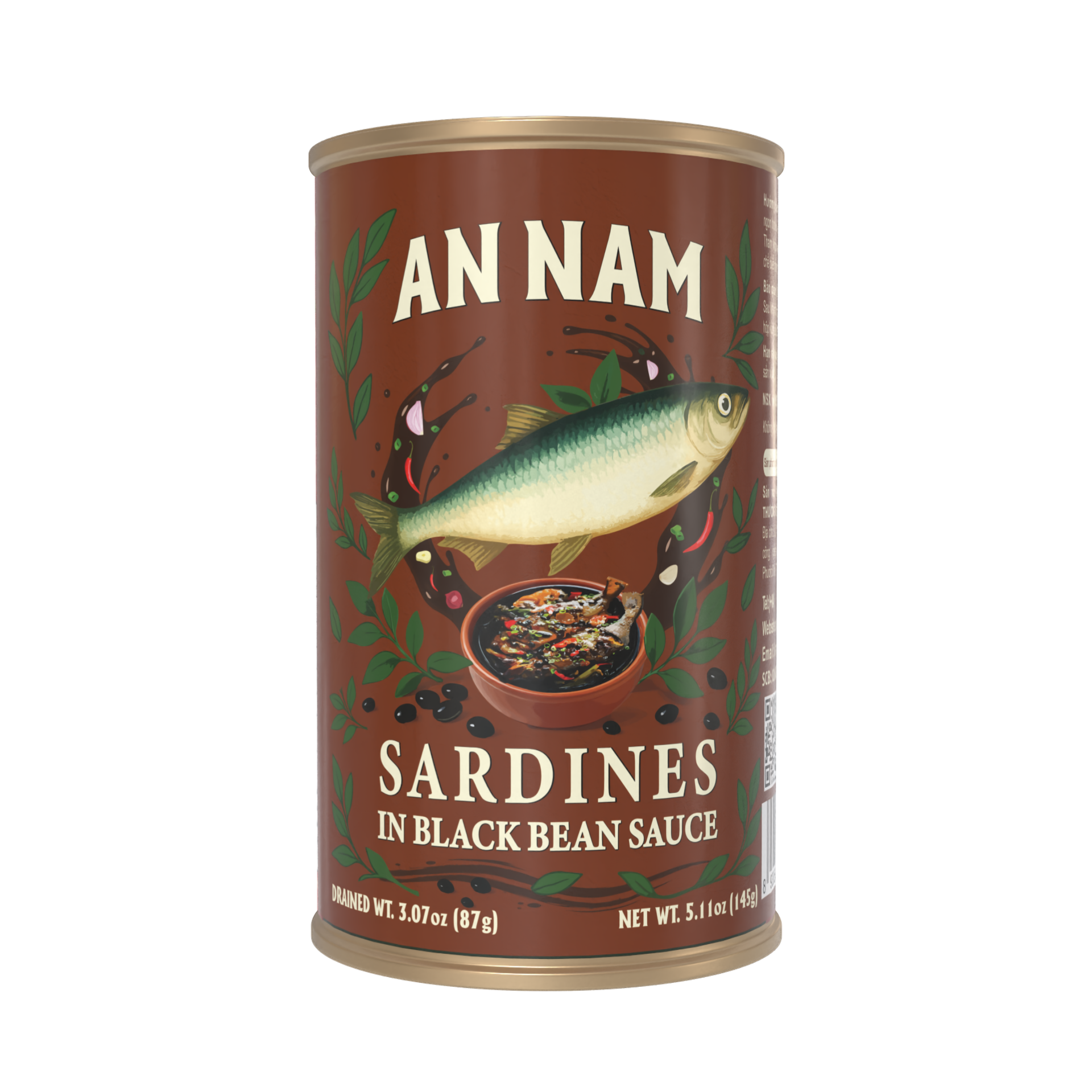 An Nam Sardines in Black Bean Sauce. Canned sardines with label showing sardines in black bean sauce, with a fish illustration, green leaves, and a bowl of prepared dish.