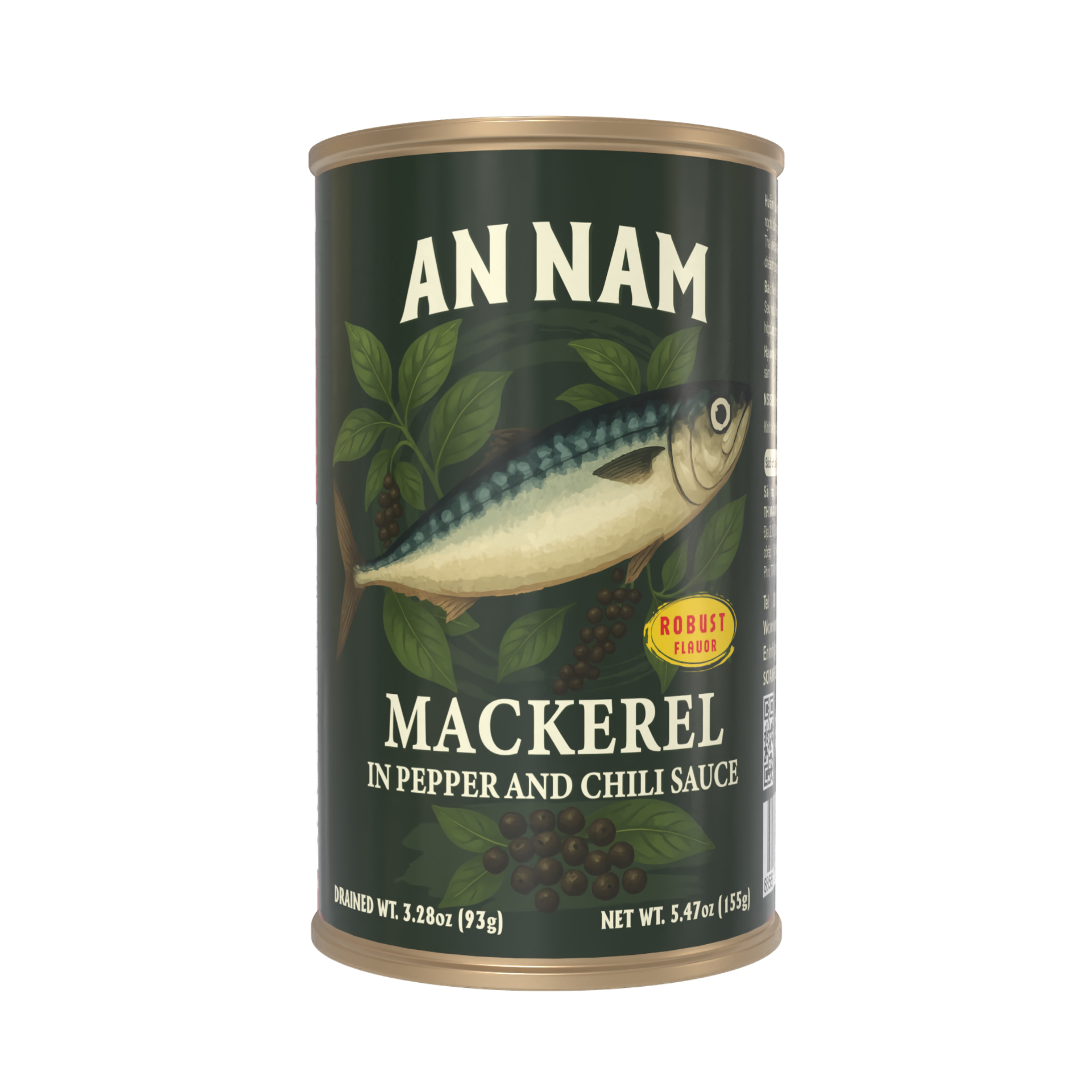 Can of An Nam Mackerel in Pepper and Chili Sauce. Canned mackerel fish in pepper and chili sauce with label indicating robust flavor