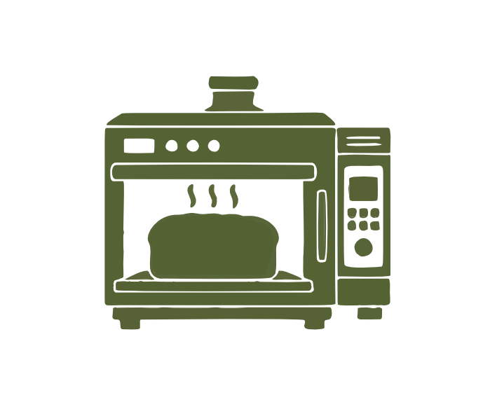Illustration of an industrial oven with a loaf of bread inside, emitting steam.