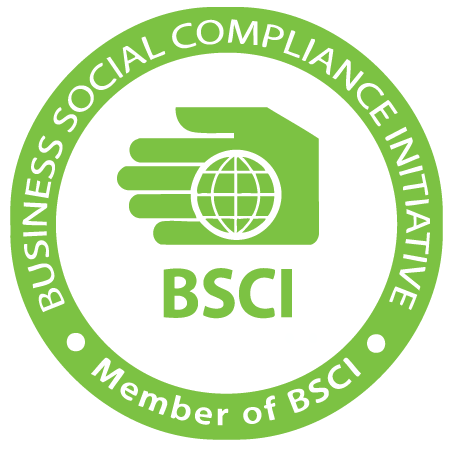 Green circular badge with white text and logo, representing Business Social Compliance Initiative (BSCI). The logo features a hand holding a globe with horizontal lines, and the text reads "Business Social Compliance Initiative" around the circle, with "Member of BSCI" at the bottom.