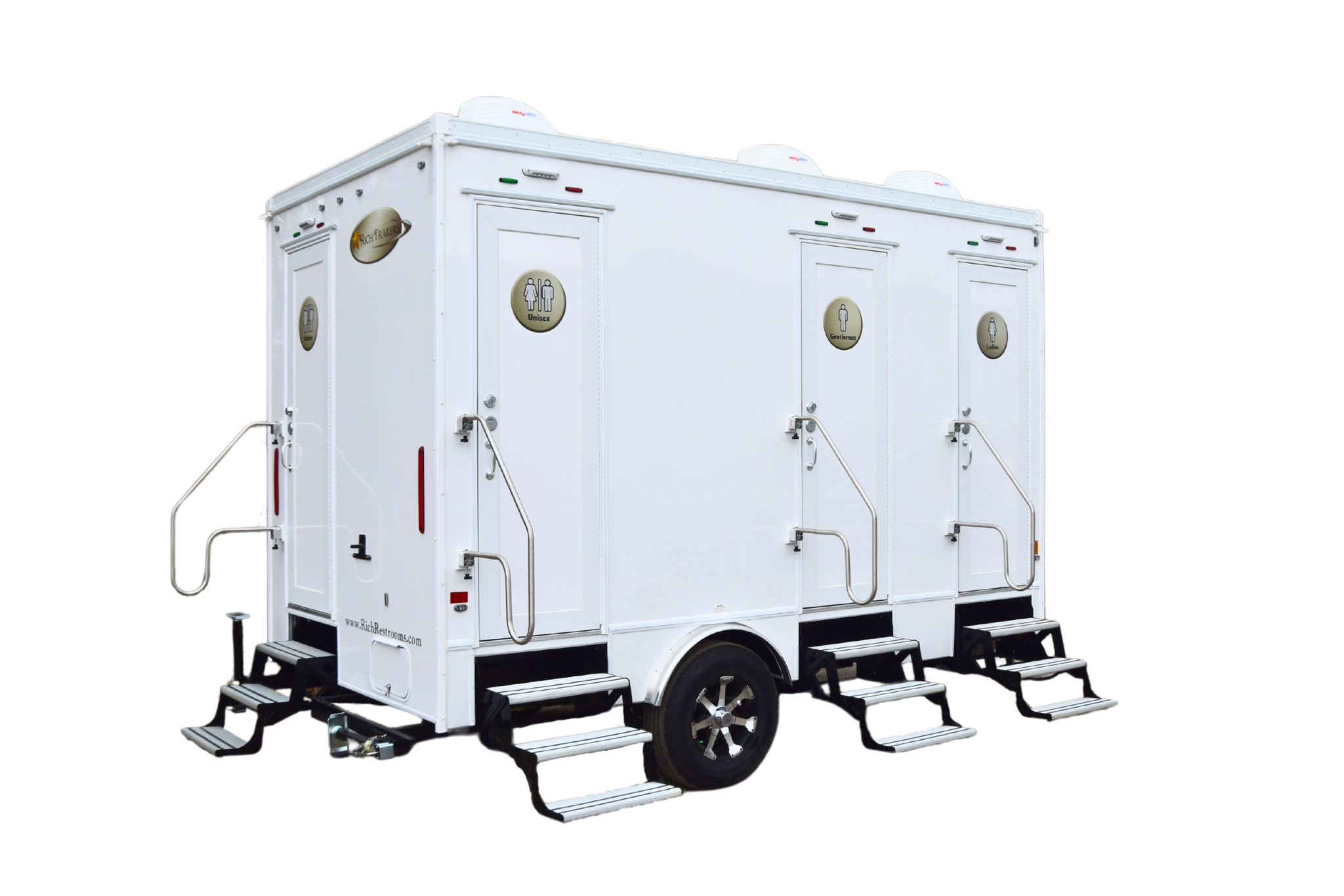 Luxury restroom trailer exterior with multiple restroom entrances, stairs, and handrails, available for weddings, events, and construction projects.