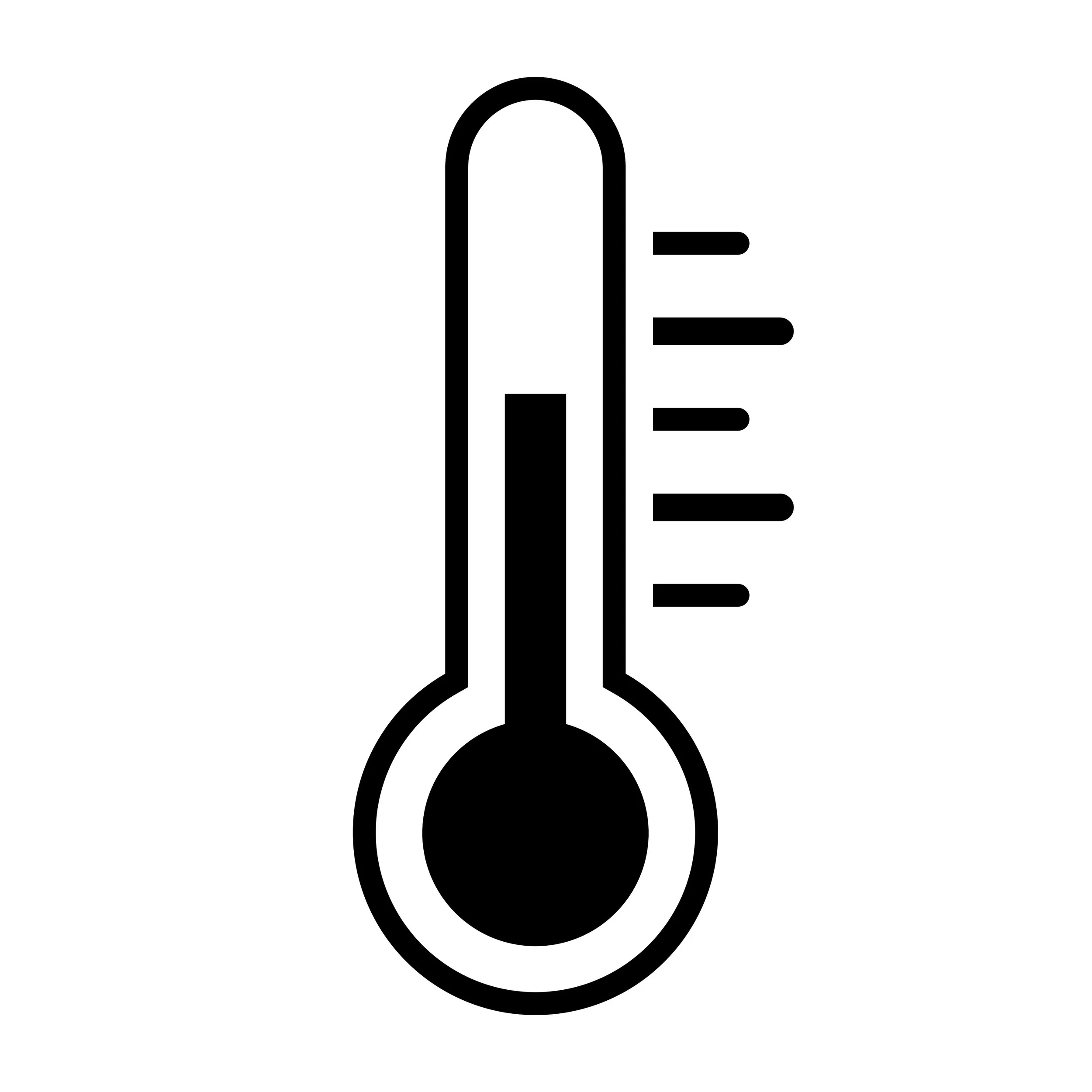 Black and white line drawing of a thermometer with a rounded tip and horizontal lines indicating temperature levels.