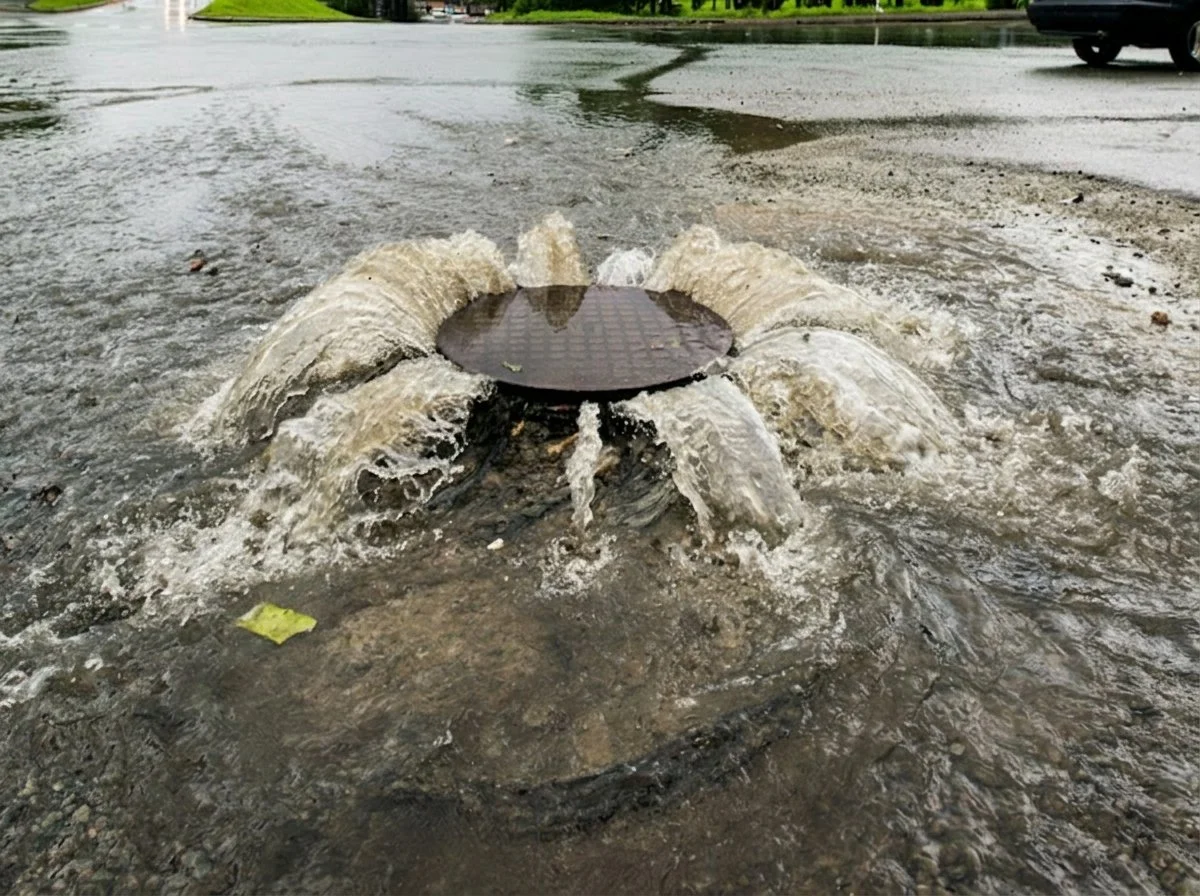 Sewer manhole overflowing onto a roadway