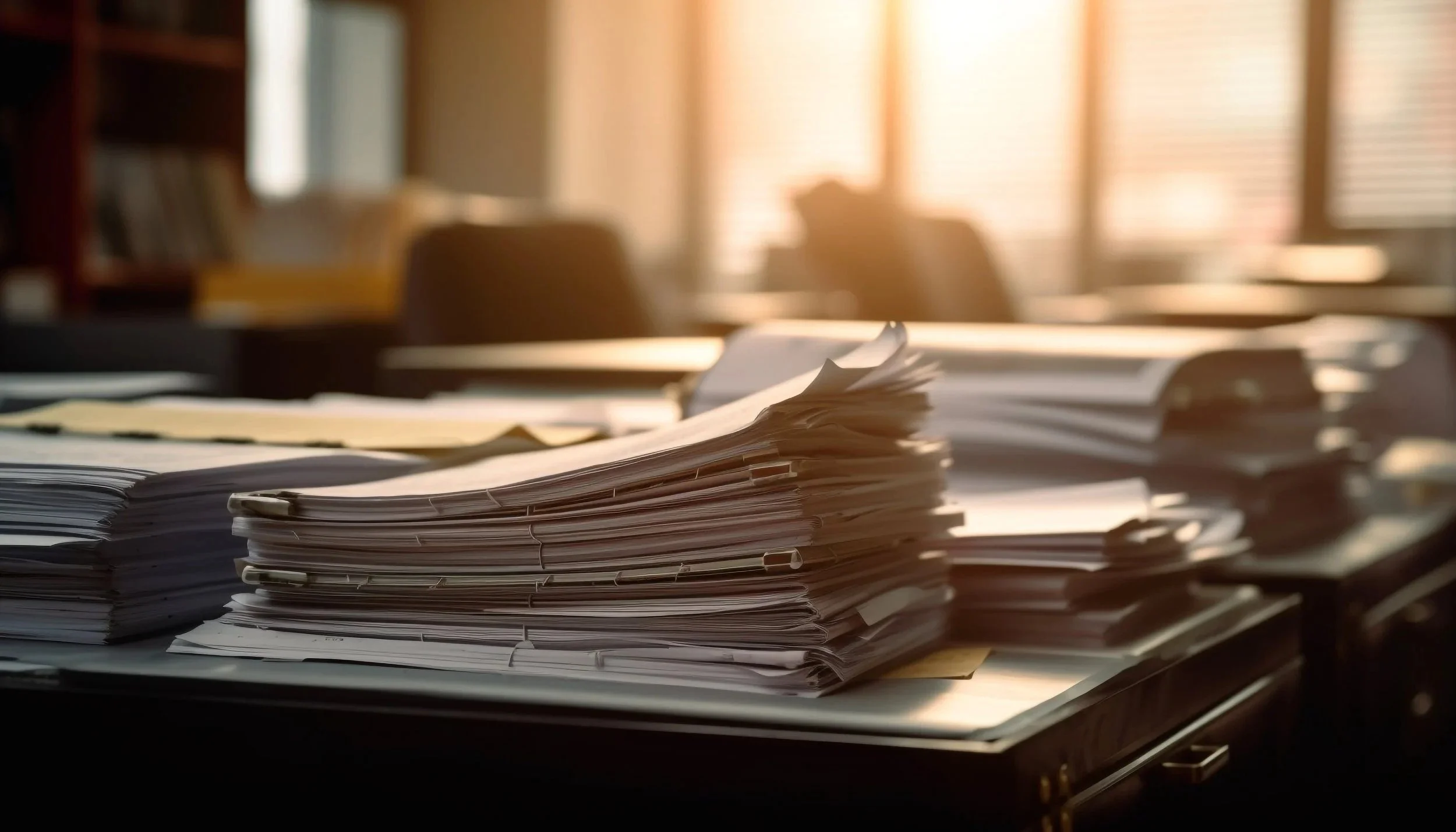 Stack of contract documents and plans on a desk