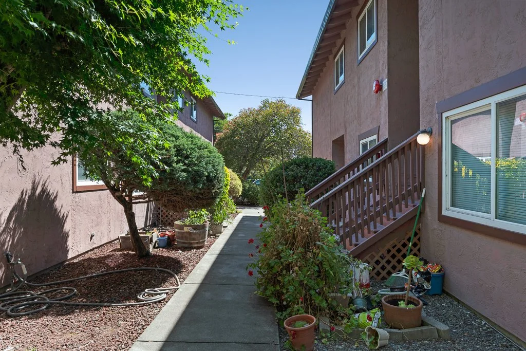 Sidewalk between two apartment buildings with potted plants, bushes, and trees along the edge, and a staircase on the right side leading up to a door.