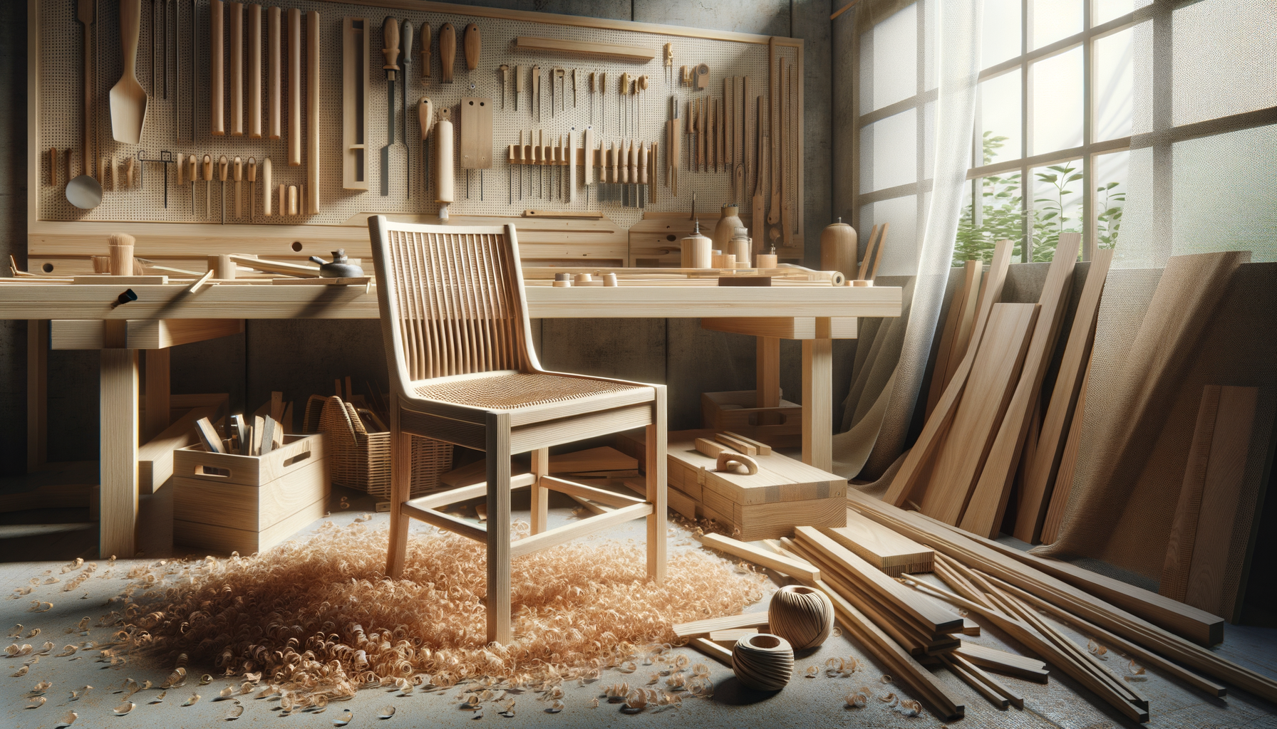 A woodworking workshop with a large workbench, various woodworking tools hanging on a pegboard wall, and wooden chairs and panels leaning against the wall near a window with sunlight streaming in.