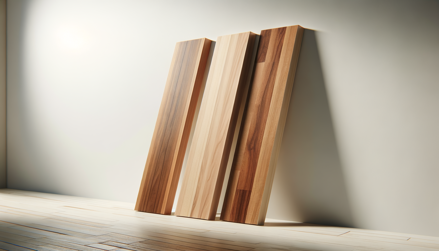 Three wooden planks leaning against a white wall, casting shadows on the wall.